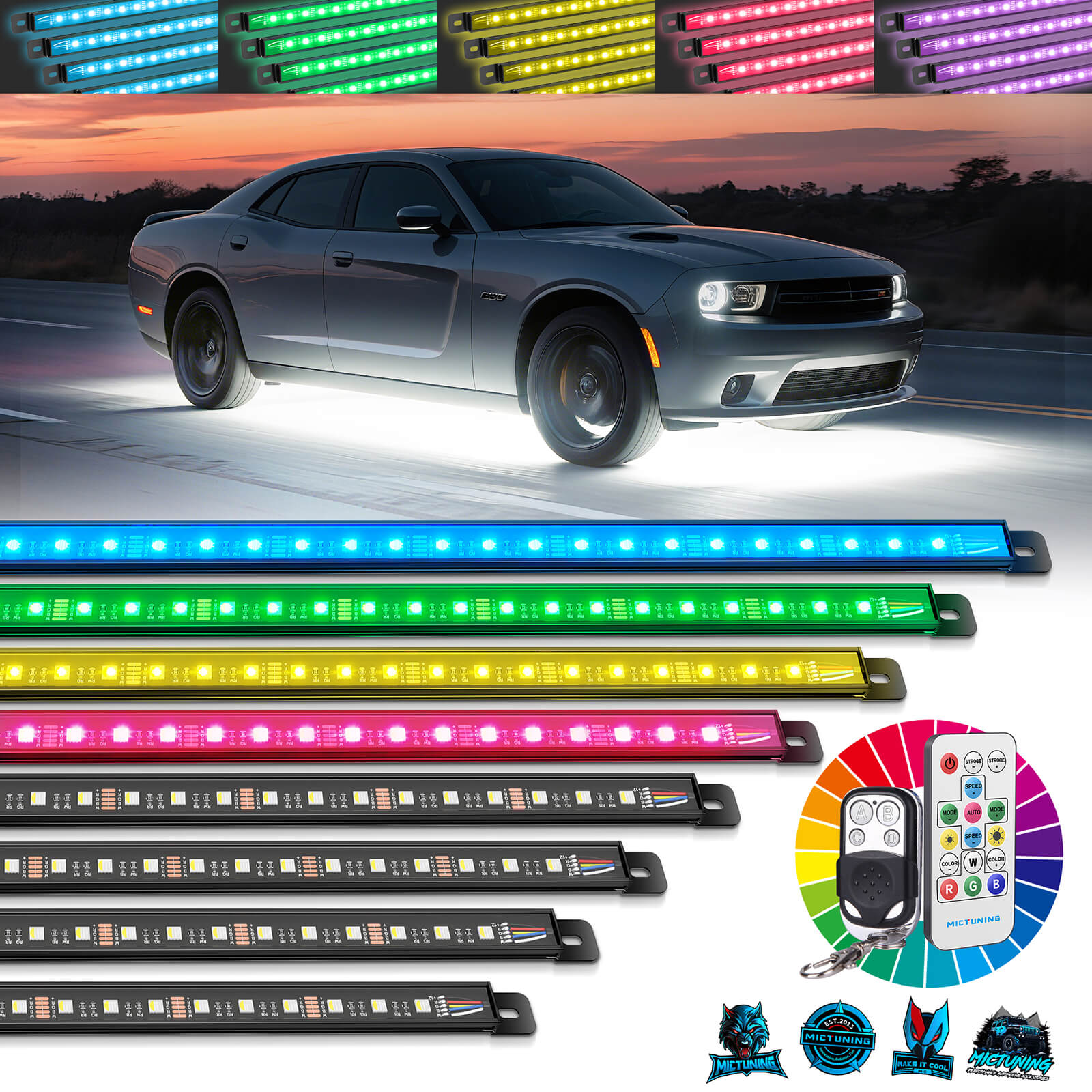 U8 RGB+IC/RGBW/RGB Underglow LED Light Bar, Dual Remote Control, Chasing Color Underbody Light Strip with Aluminum Housing, IP68 Waterproof, 8pcs
