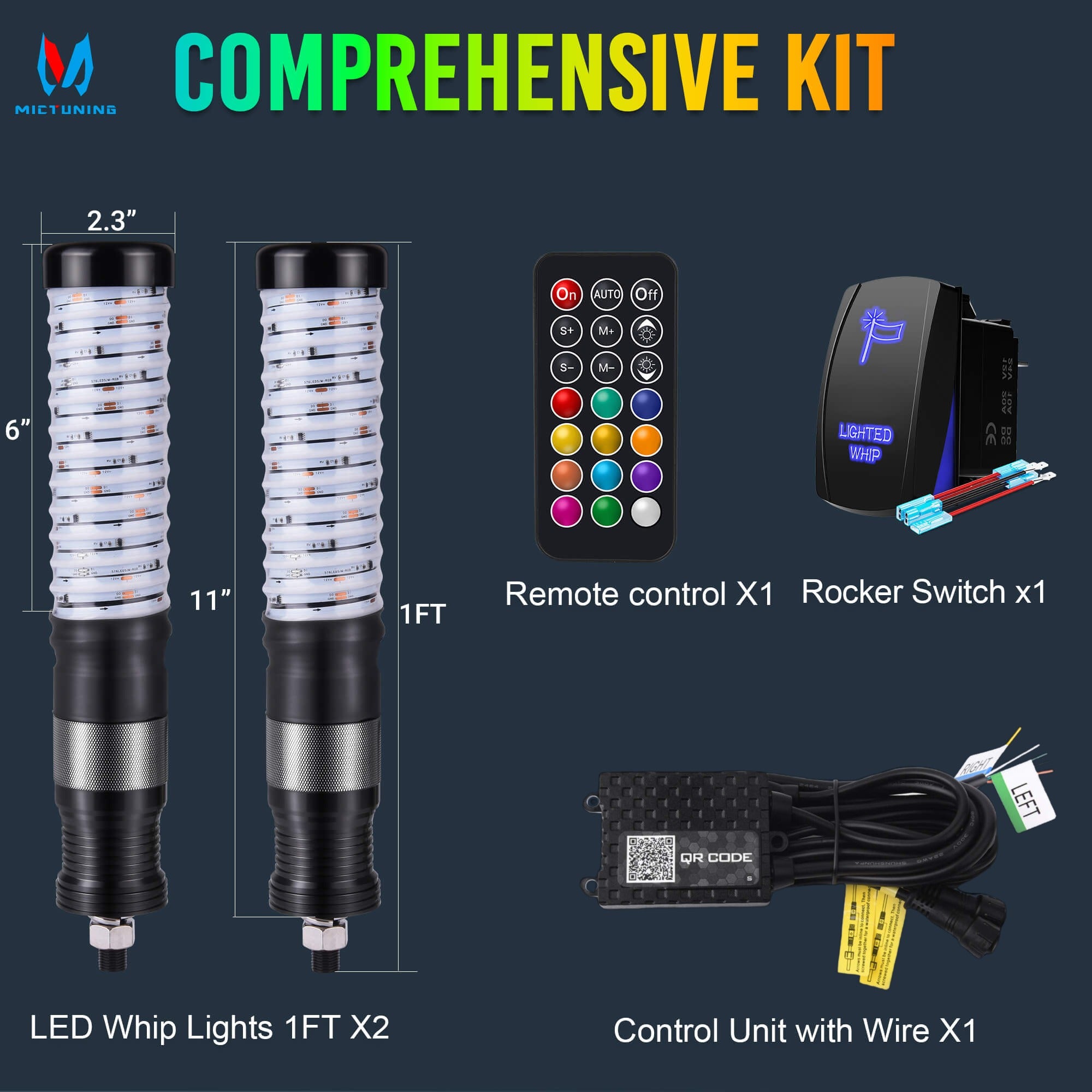 1FT/2FT Fat Whip Light COB LED RGB+IC Chasing Colors, App & Remote Control, 2pcs