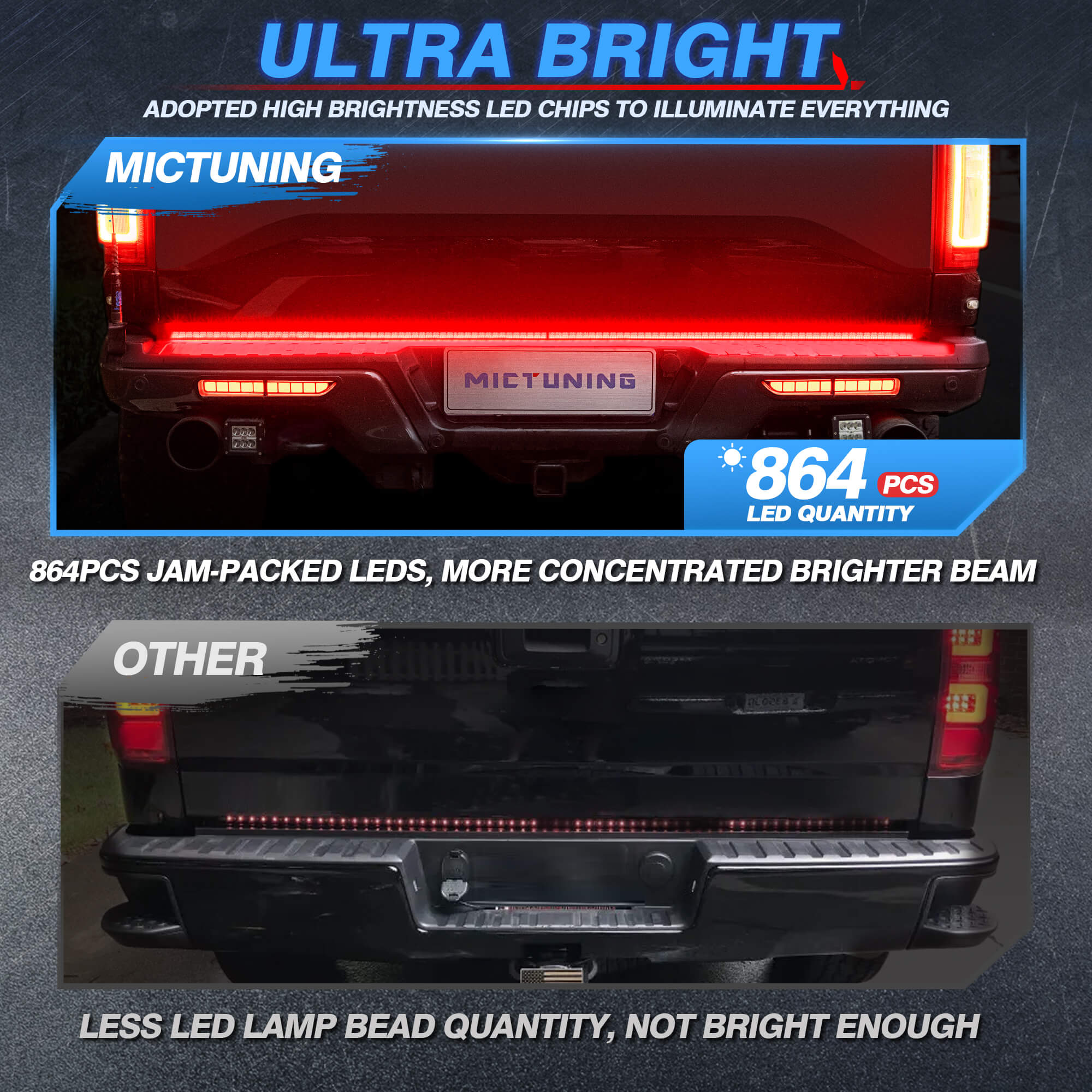 60" Foldable Tailgate Light Bar 3 Rows Light Strip,  LED Sequential Turn Signal Brake Running Reverse, No Drilling