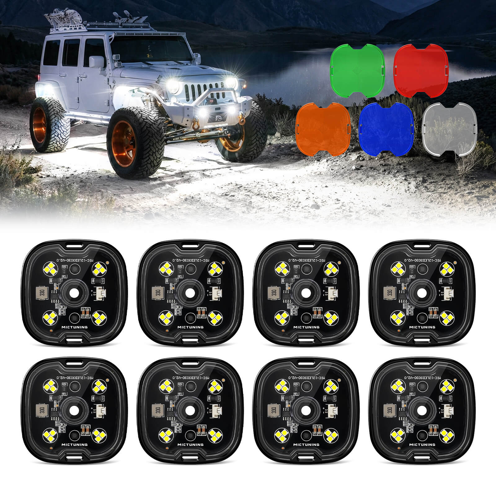 C6 White Rock Lights with 5 Lens Cover, 4-12 Pods, Spot/Flood Beam Interchangeable Colorful Lens, High Brightness Waterproof Multifunctional Off-Road Lighting Kit