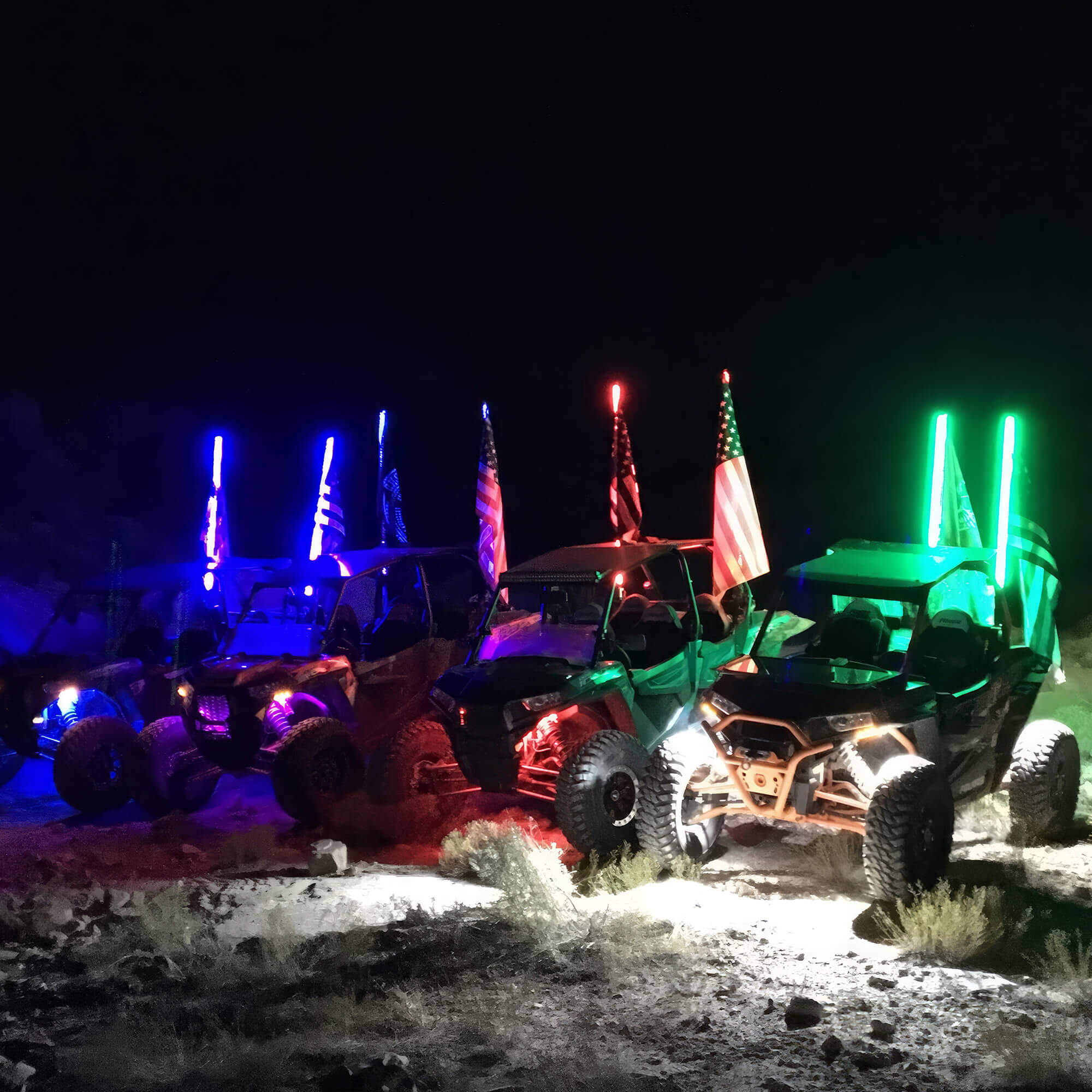 3FT/4FT W1 LED Whip Lights with 10 Flags - Spiral Bendable RGB Chasing Color Antenna Whips - Bluetooth App Control