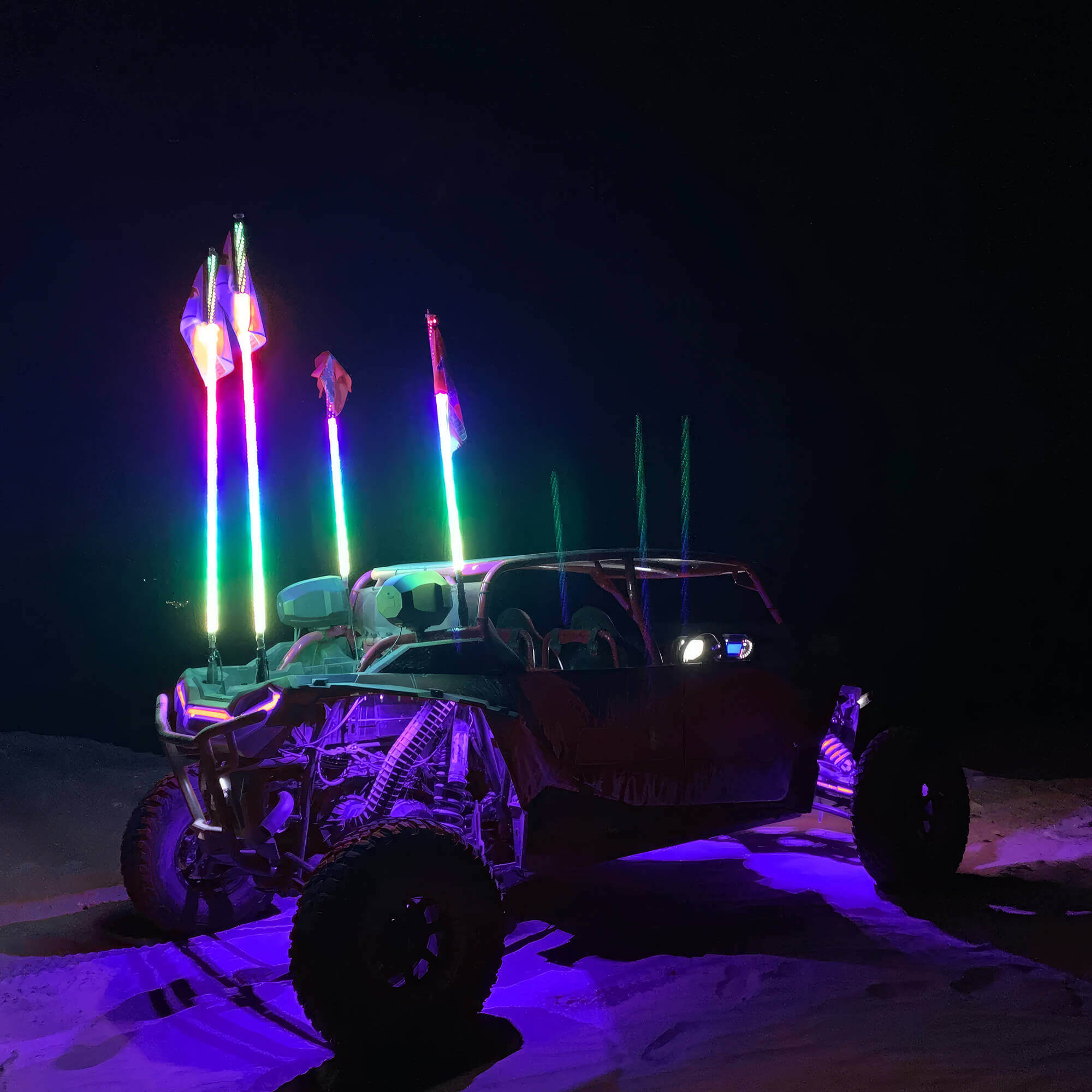 3FT/4FT W1 LED Whip Lights with 10 Flags - Spiral Bendable RGB Chasing Color Antenna Whips - Bluetooth App Control