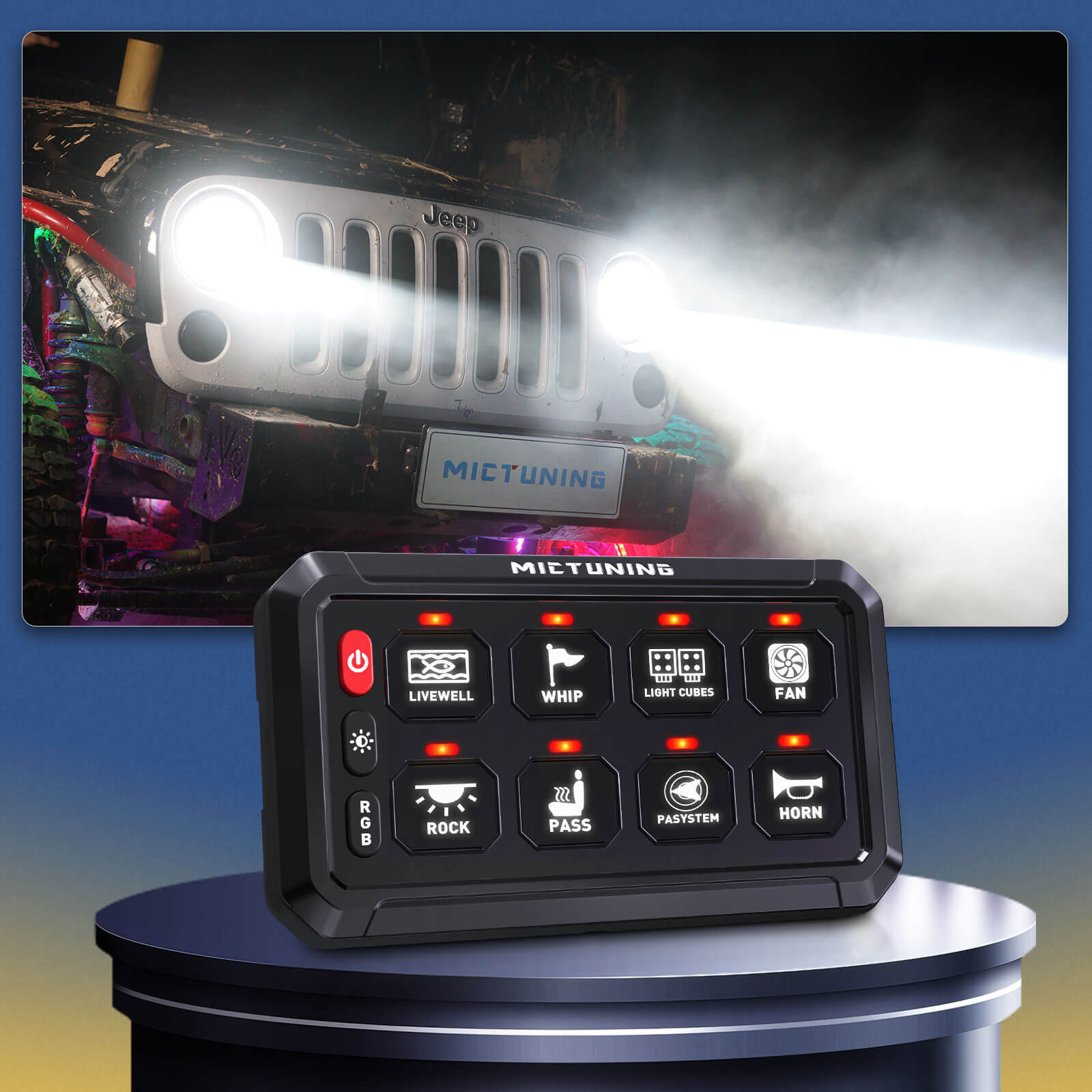 P1s-X RGB 5" 8/12 Gang Switch Panel with Backlit Off, Multifunction Toggle Momentary Strobe Pulsed Switch Pod