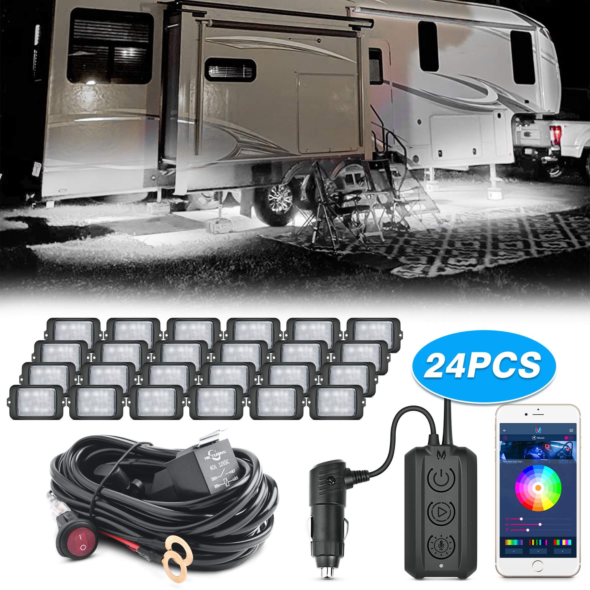 MICTUNING C3 RGBW LED Rock Lights 24 Pods, Wireless Control Rock Lights for Car, Truck, Tractor, Trailer, Multicolor Underglow LED Light Kit MICTUNING C3 RGBW LED Rock Lights 24 Pods, Wireless Control Rock Lights for Car, Truck, Tractor, Trailer, Multicolor Underglow LED Light Kit