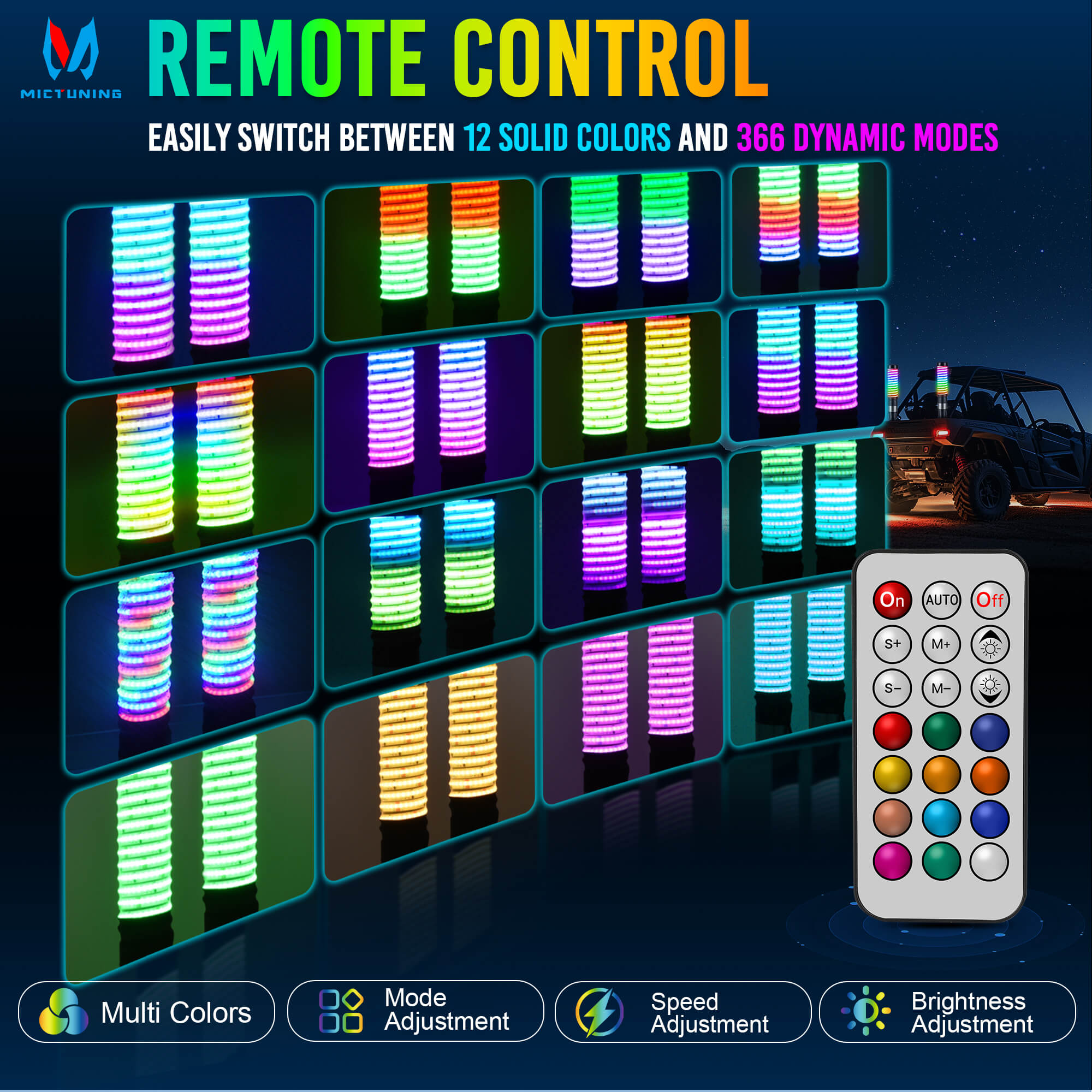 1FT/2FT Fat Whip Light COB LED RGB+IC Chasing Colors, Remote Control, 2pcs