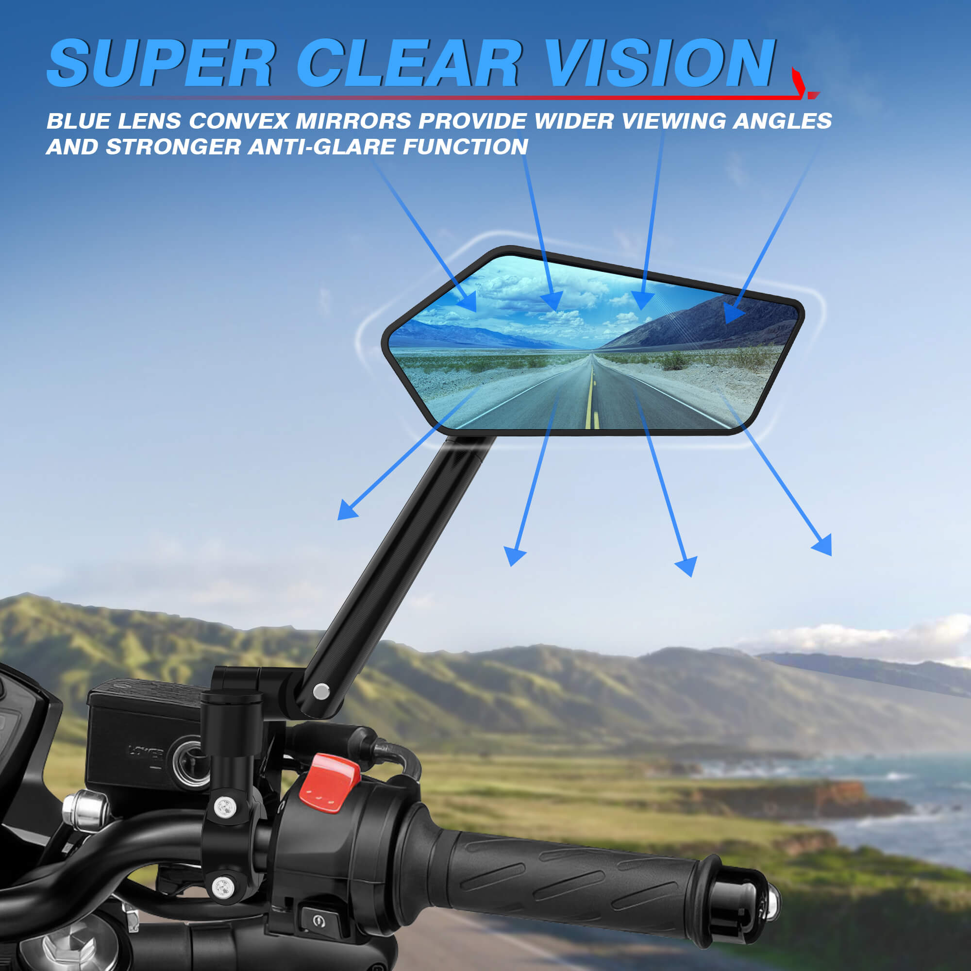 Pentagonal Bike Rearview Mirrors Anti-glare Convex Blue Lens, Aluminum Alloy, 360° Rotatable with M8 M10 Socket or 22mm Diameter Handlebar
