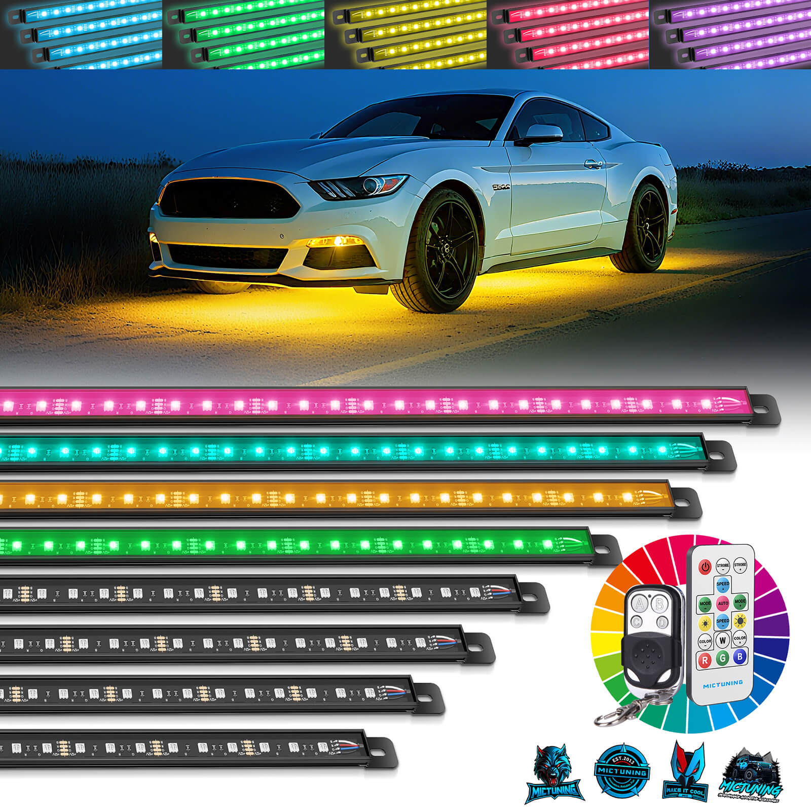 U8 RGB+IC/RGBW/RGB Underglow LED Light Bar, Dual Remote Control, Chasing Color Underbody Light Strip with Aluminum Housing, IP68 Waterproof, 8pcs