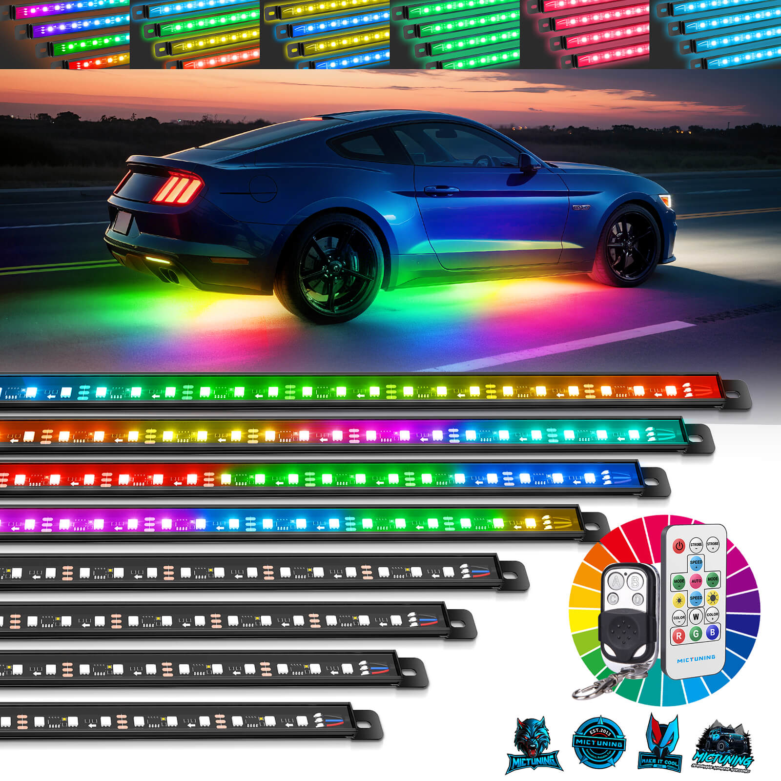 U8 RGB+IC/RGBW/RGB Underglow LED Light Bar, Dual Remote Control, Chasing Color Underbody Light Strip with Aluminum Housing, IP68 Waterproof, 8pcs