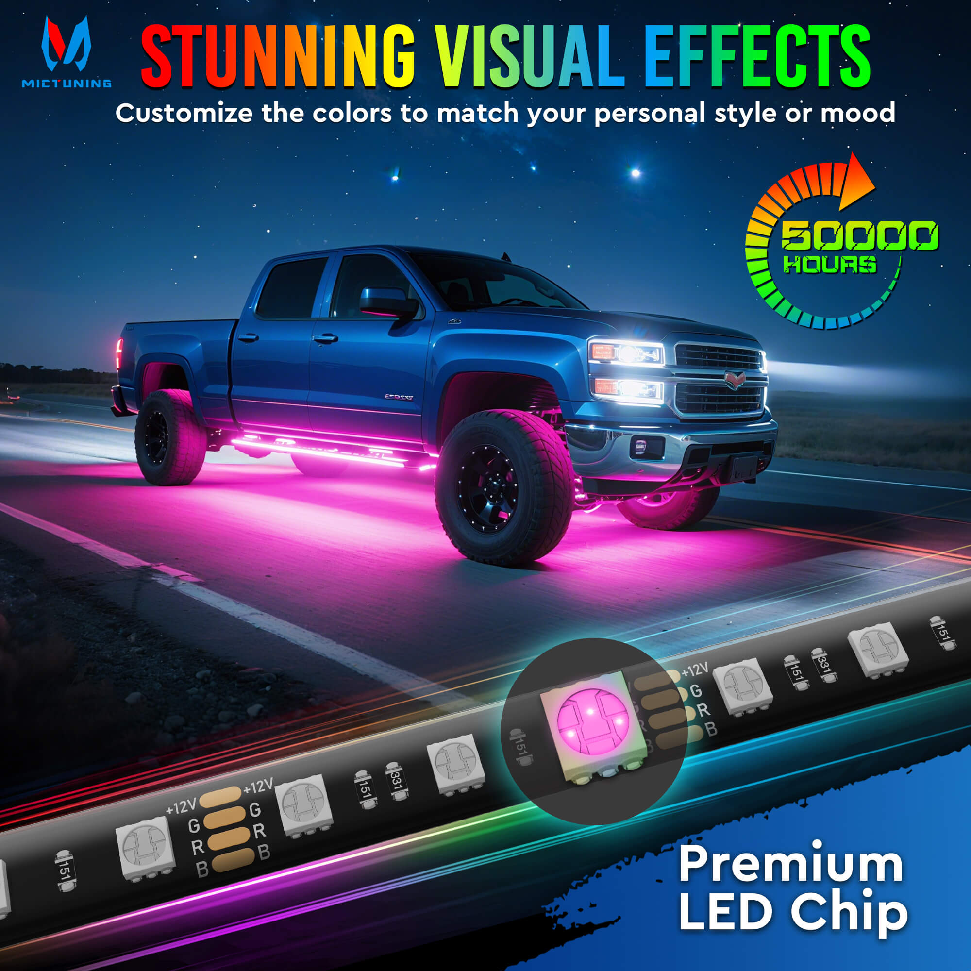 RGB Car Underglow Neon Accent Strip Lights, APP & Remote Control, Sound Active Function, Music Mode(2x35″+2x47″/4x35″+2x47″ )