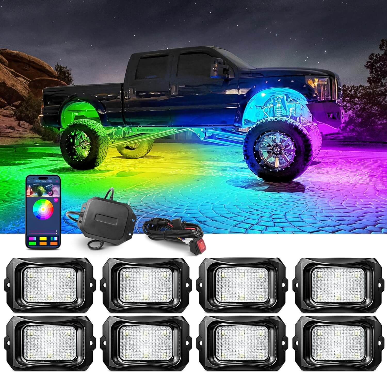 Three-Piece RGB+IC Collection, C2 RGB+IC Rock Lights 8 Pods, 4ft W1 Whip Lights Kit with 15.5″ Chasing Color Wheel Ring Lights