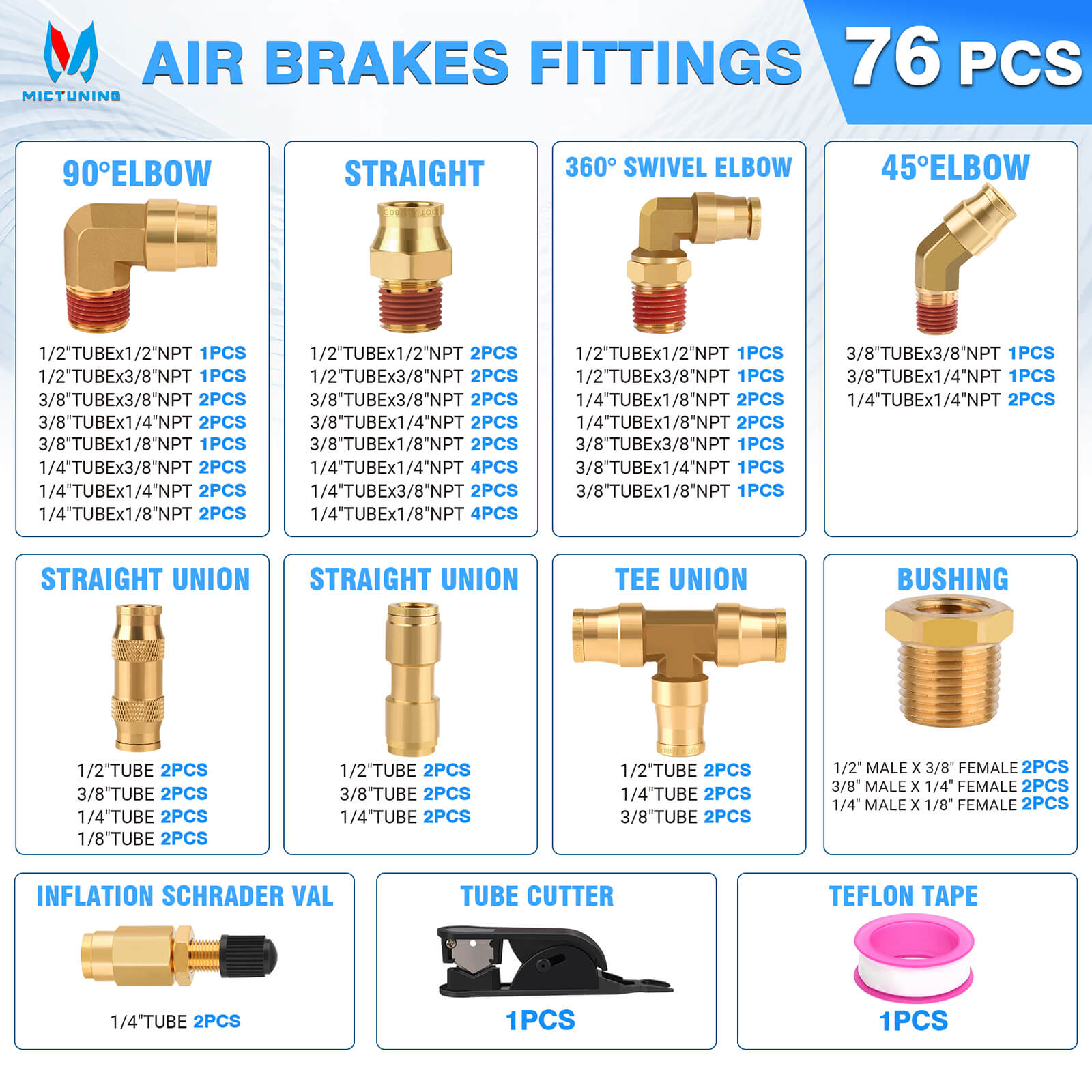 76 PCS Brass DOT Air Brake Line Fittings Assortment Kit, Quick Connect & NPT Thread Tube Air Hose Fittings Repair Kit, Fittings for Truck or Industrial Air System