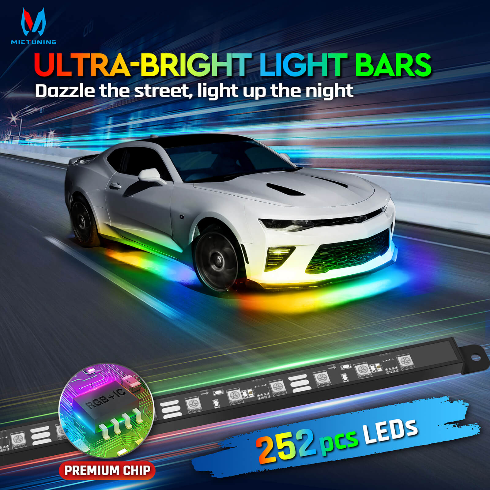 N8 RGB+IC LED Car Underglow Light Kit Bundle with LED Whip Lights Kit