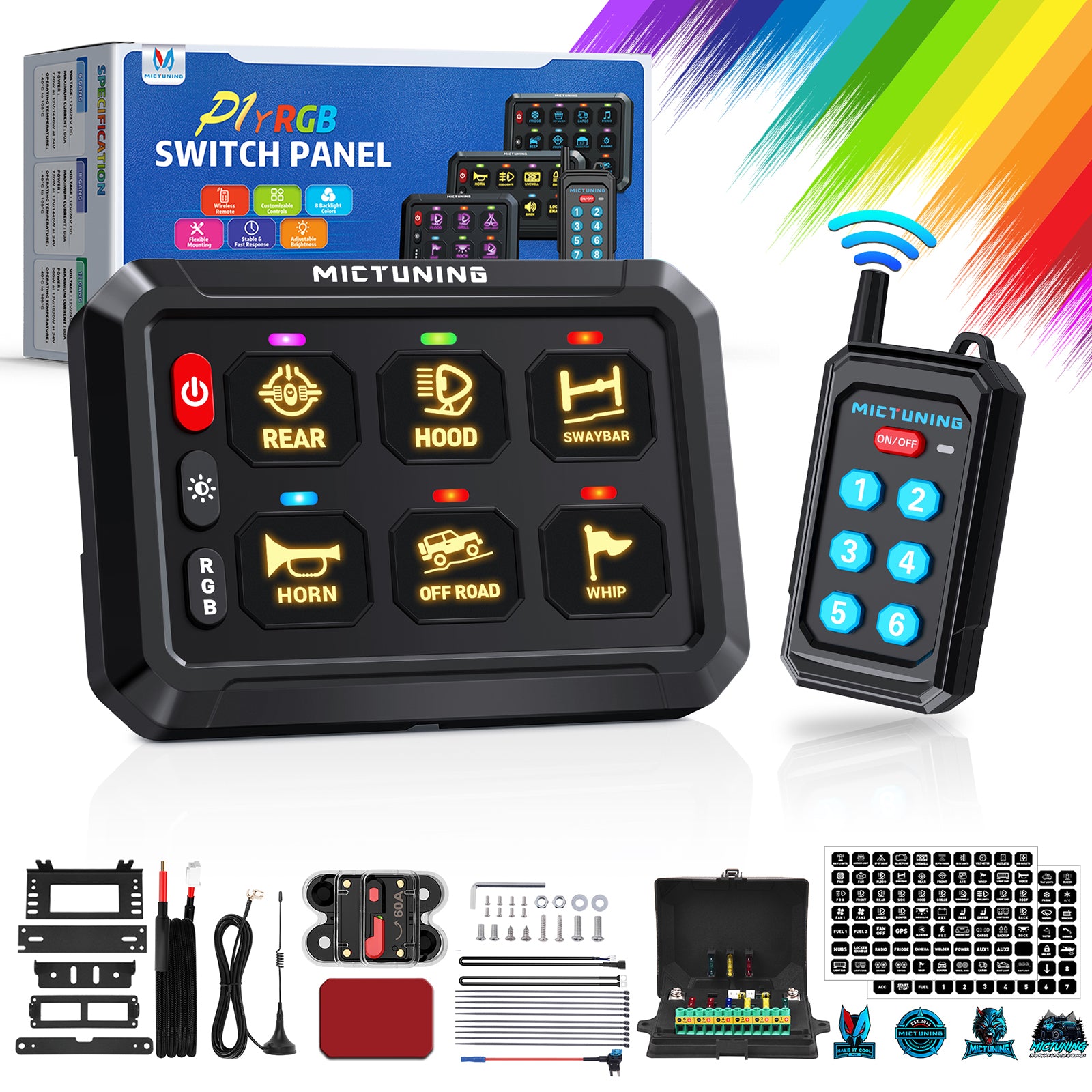 MICTUNING P1Y RGB Switch Panel with Remote Control Range Up to 230FT, 6/8/12 Gang