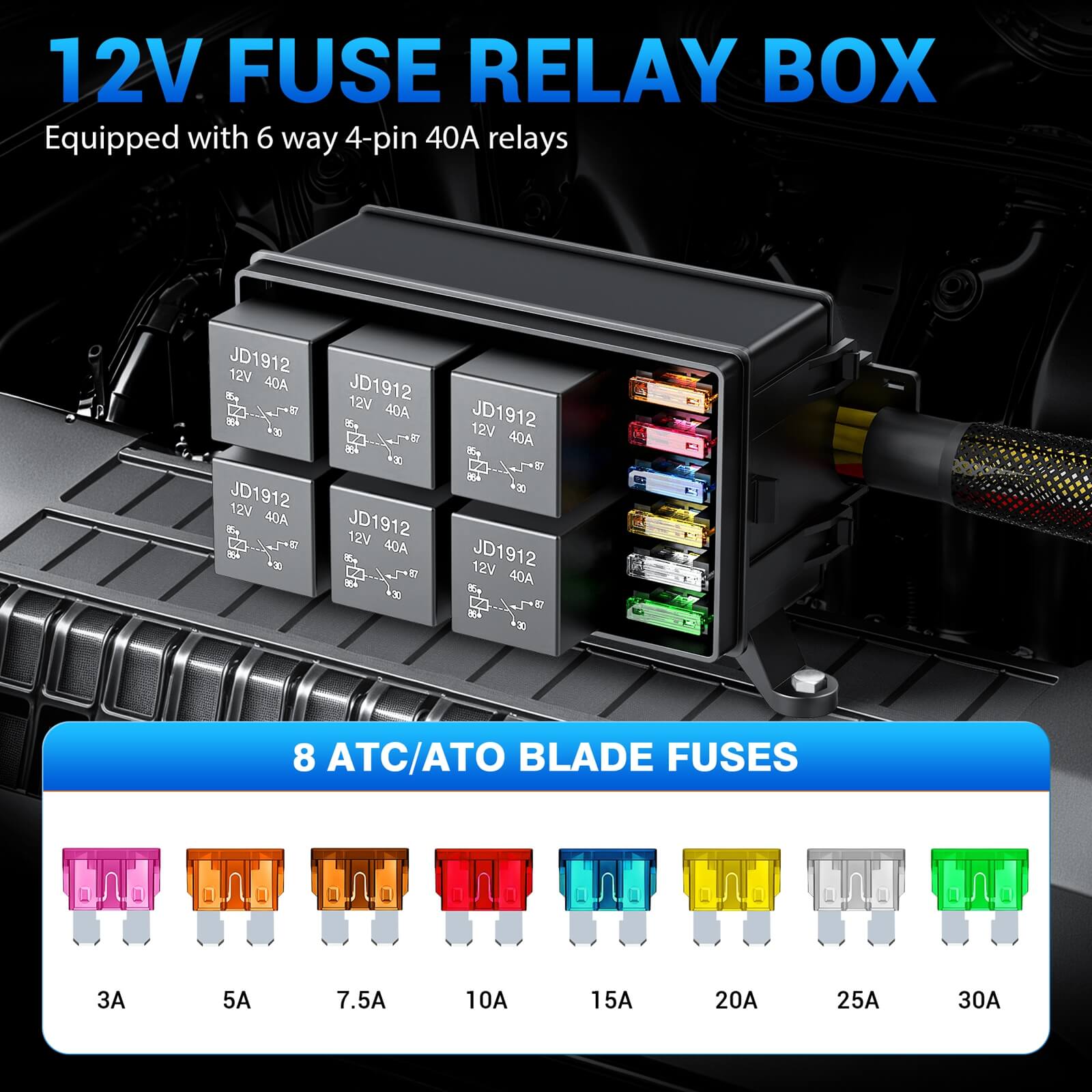 12V Fuse Relay Box 6 Way Pre-Wired Waterproof Relay Box 6 Slot ATC/ATO Fuse Relay Block Universal Relay Panel