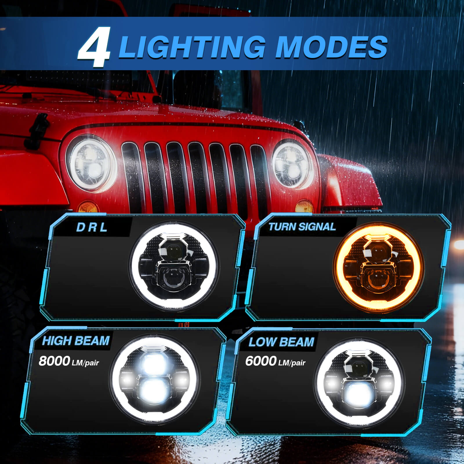 7 Inch Round LED Headlights with Hi/Lo Beam DRL Turn Signal, Compatible with Jeep Wrangler JK JKU TJ LJ,Chevy, Anti-glare, Plug and Play, IP67 Waterproof