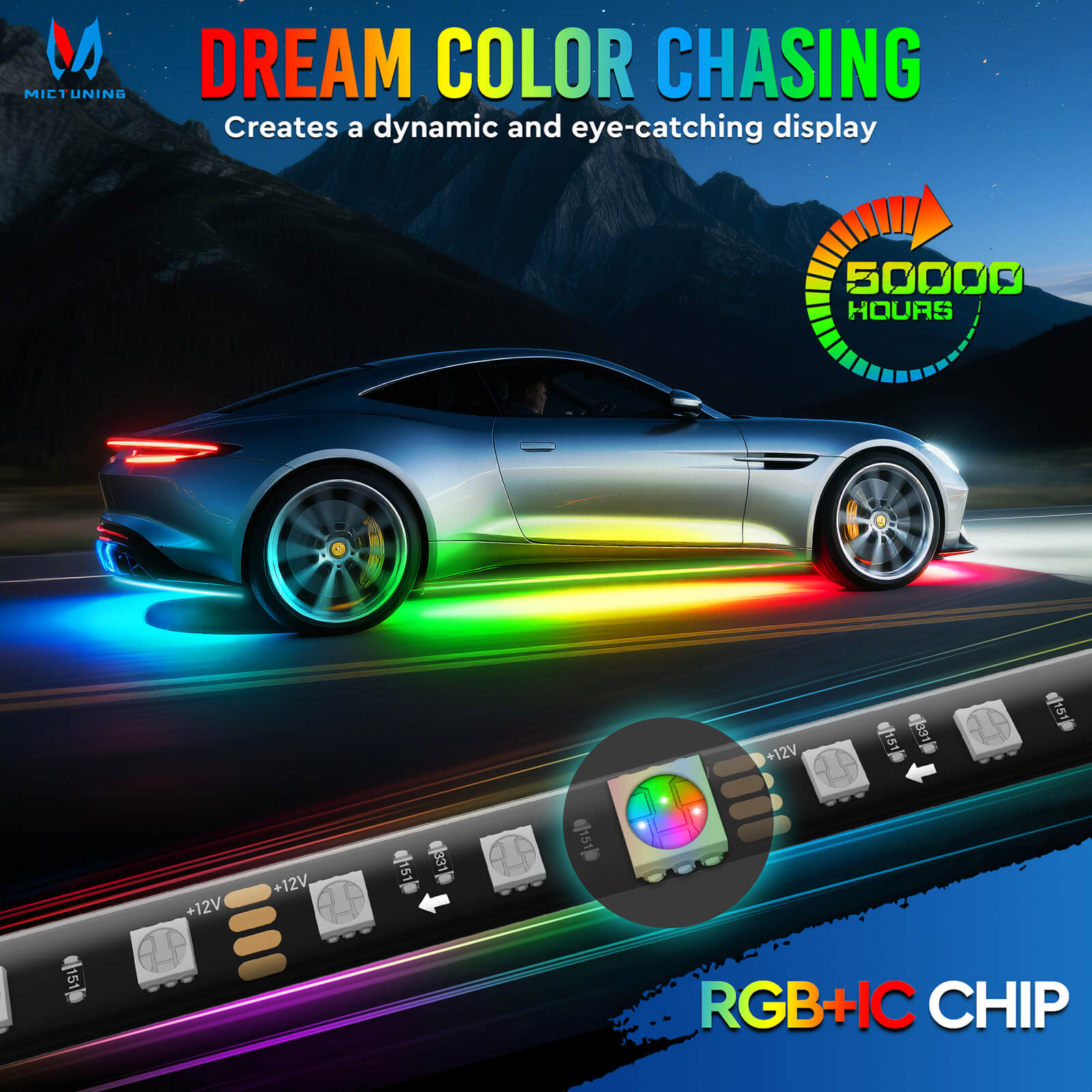 RGB+IC Car Underglow Neon Accent Strip Lights, APP & Remote Control, Sound Active Function, Music Mode(2x35″+2x47″/4x35″+2x47″ )