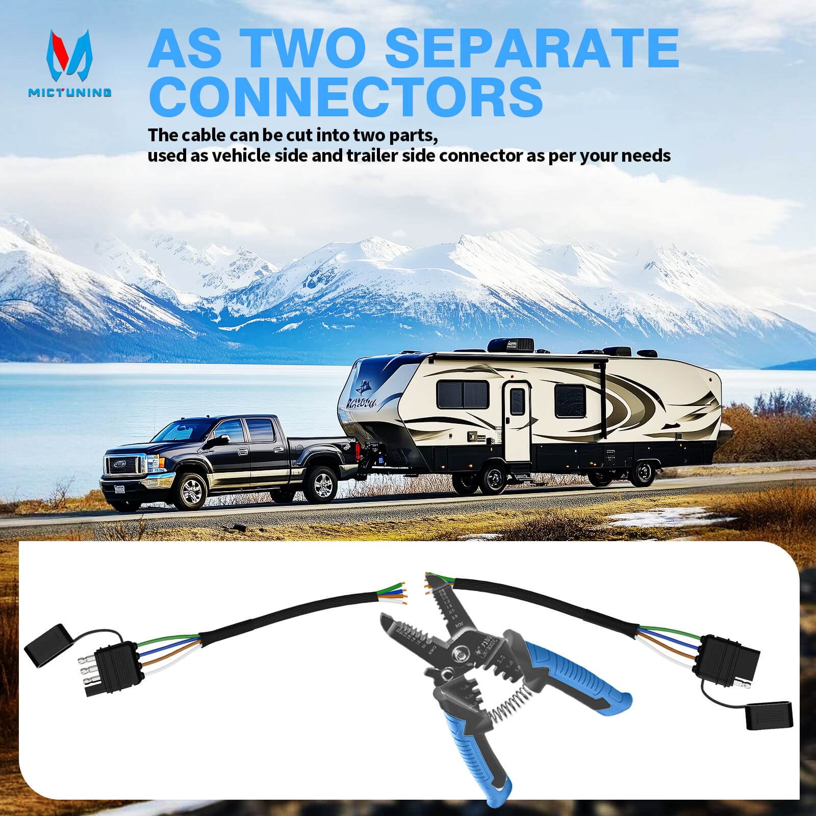 4 Pin Flat Trailer Extension Cable 12 inch, 16 AWG Pure Copper Wire Vehicle-Side and Trailer-Side 4 Way Connector