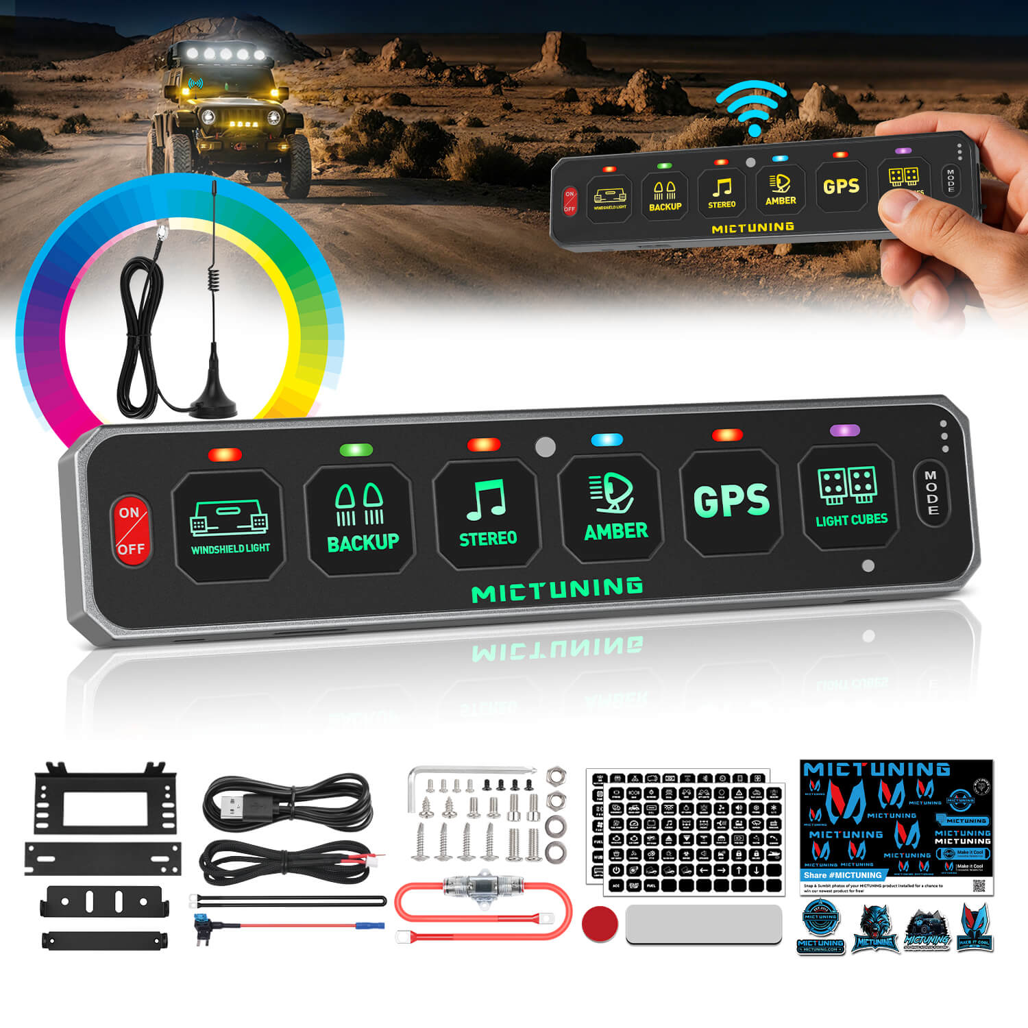 MS-W Slim Wireless Switch Panel Up to 208FT Range 6 Gang/8 Gang Bundle with C4 4-Sided RGBW LED Rock Lights 8-16 Pods