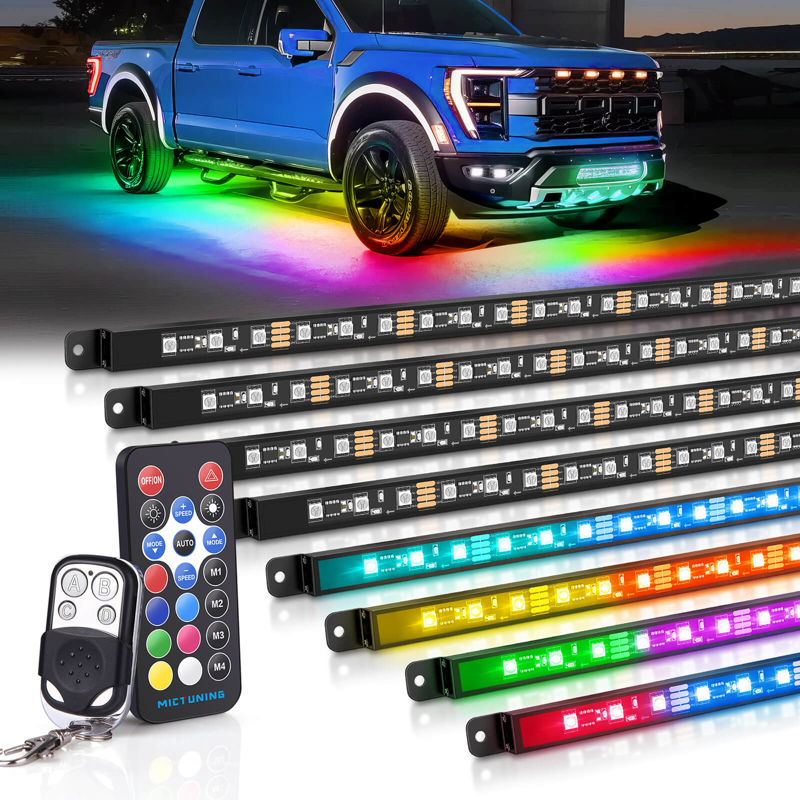 N8 Aluminum LED Car Underglow Light Kit, Exterior Underbody Light Strip 8PCS - Remote & Key Fob Dual Control(RGBW/RGB+IC)