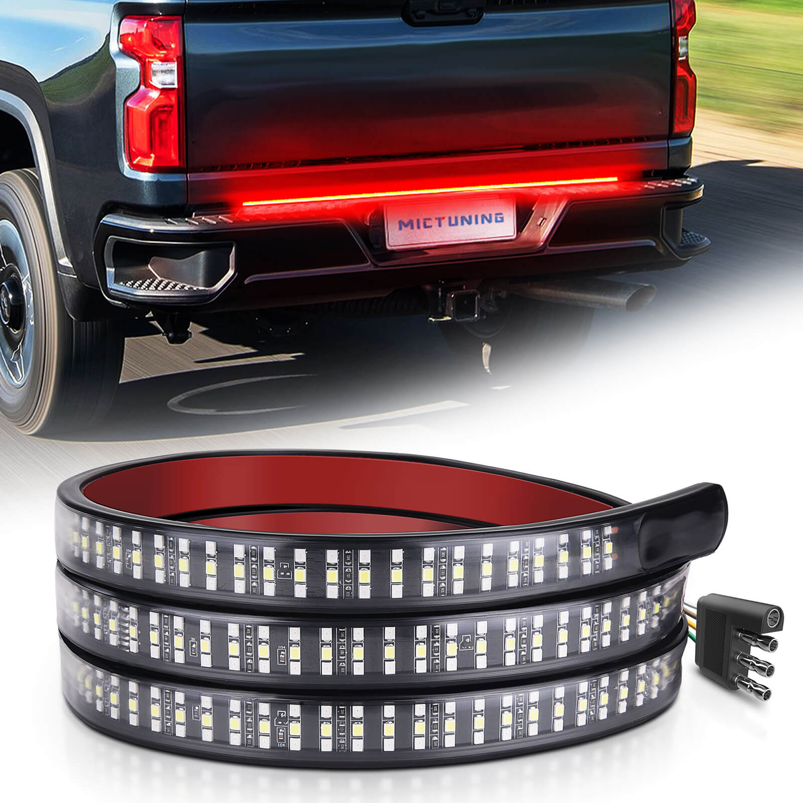 48" Truck Tailgate Light Strip Triple Row 360 LED with Red Running Brake Sequential Turn Signal, Strobe & White Reverse Lighting