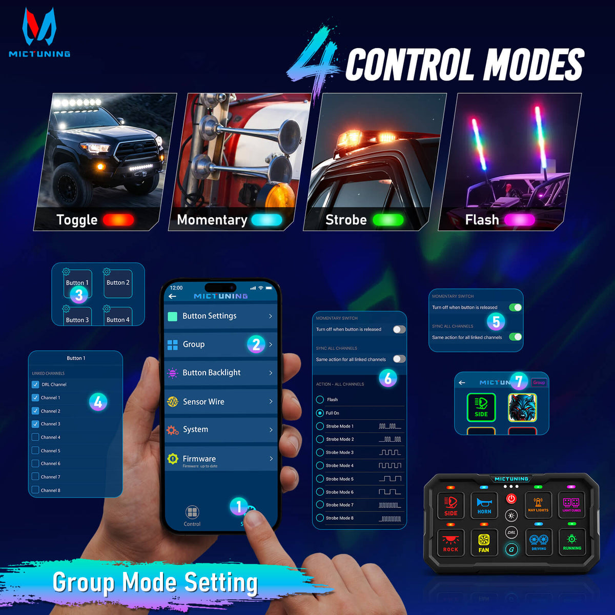 Newest MP Smart Switch Panel 8 Gang, 120A High Current, Trigger & DRL Control, App & Apple CarPlay, Group Control, Low-Voltage Auto Cutoff