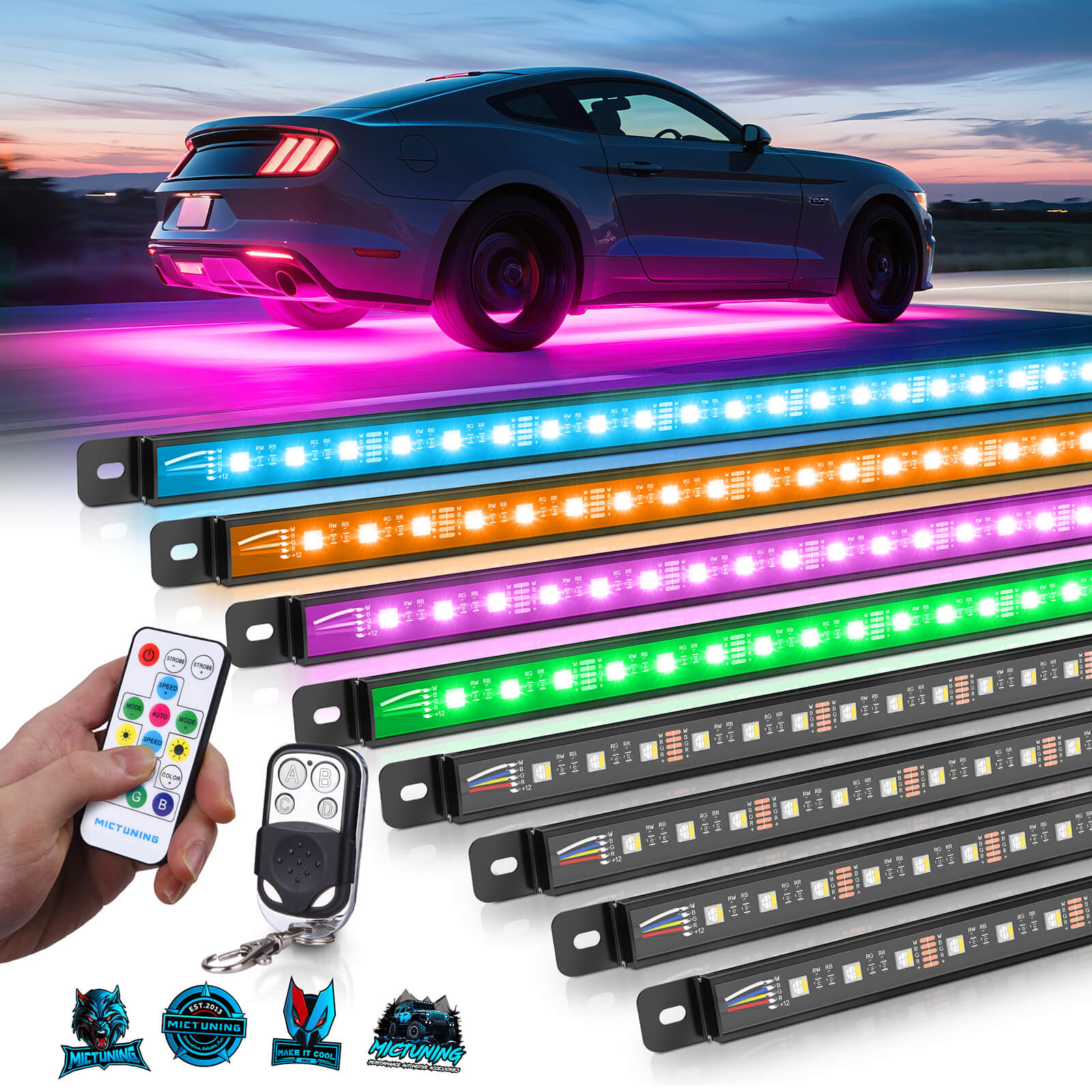 U8 RGB+IC/RGBW/RGB Underglow LED Light Bar, Dual Remote Control, Chasing Color Underbody Light Strip with Aluminum Housing, IP68 Waterproof, 8pcs