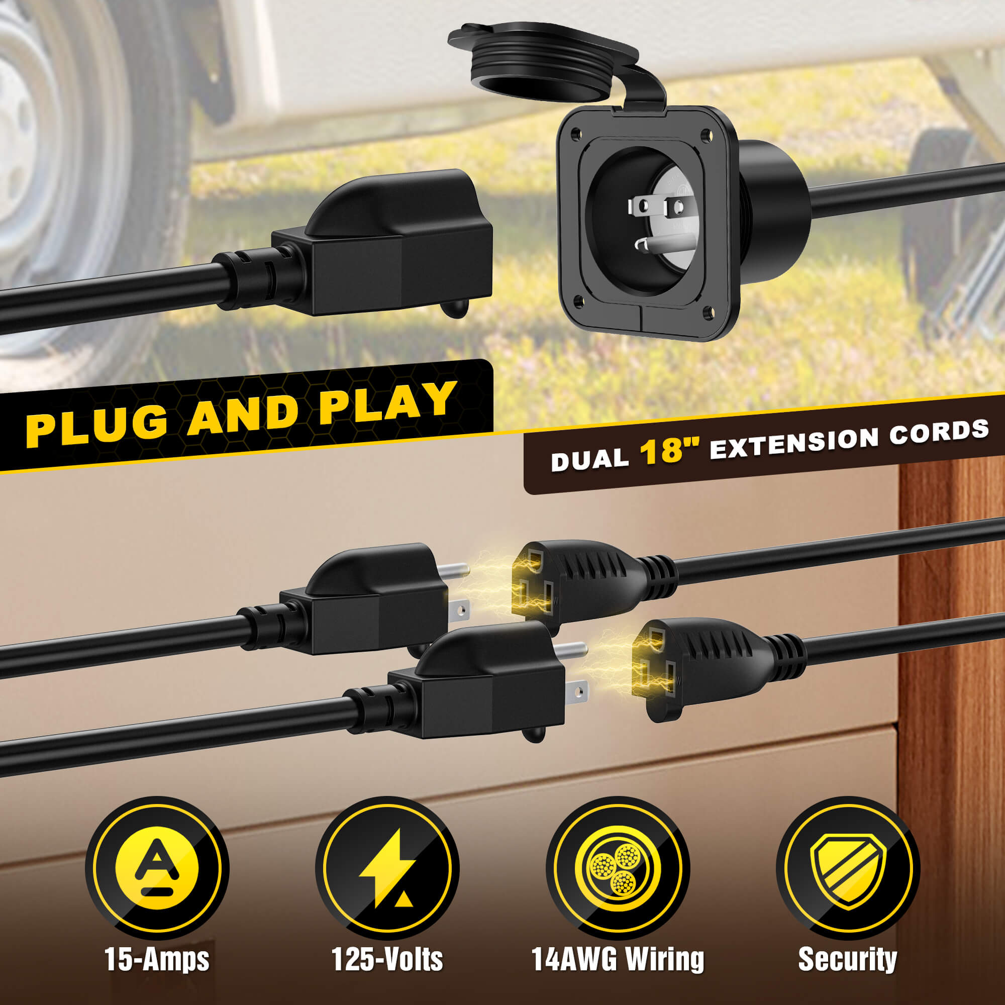 15A NEMA 5-15P Shore Power Inlet with Dual 18" Extension Cords Y Splitter Cable, ETL Listed, Waterproof Cover AC Electrical Port Plug for RV Boat