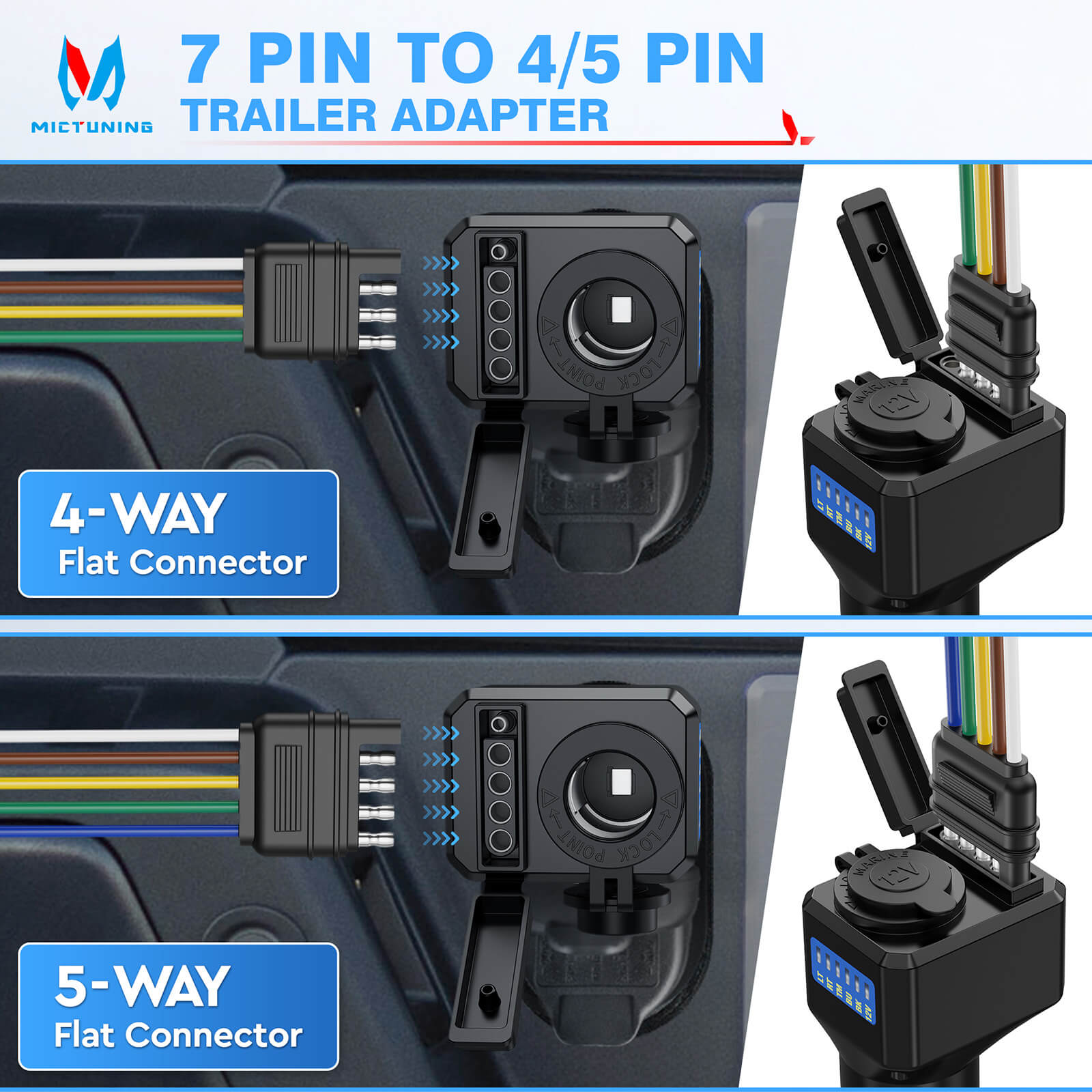 7 Way to 4 and 5 Way Trailer Light Adapter, 7 Pin RV Blade to 4/5 Pin Flat 12V Power Adapter with LED Circuit Tester