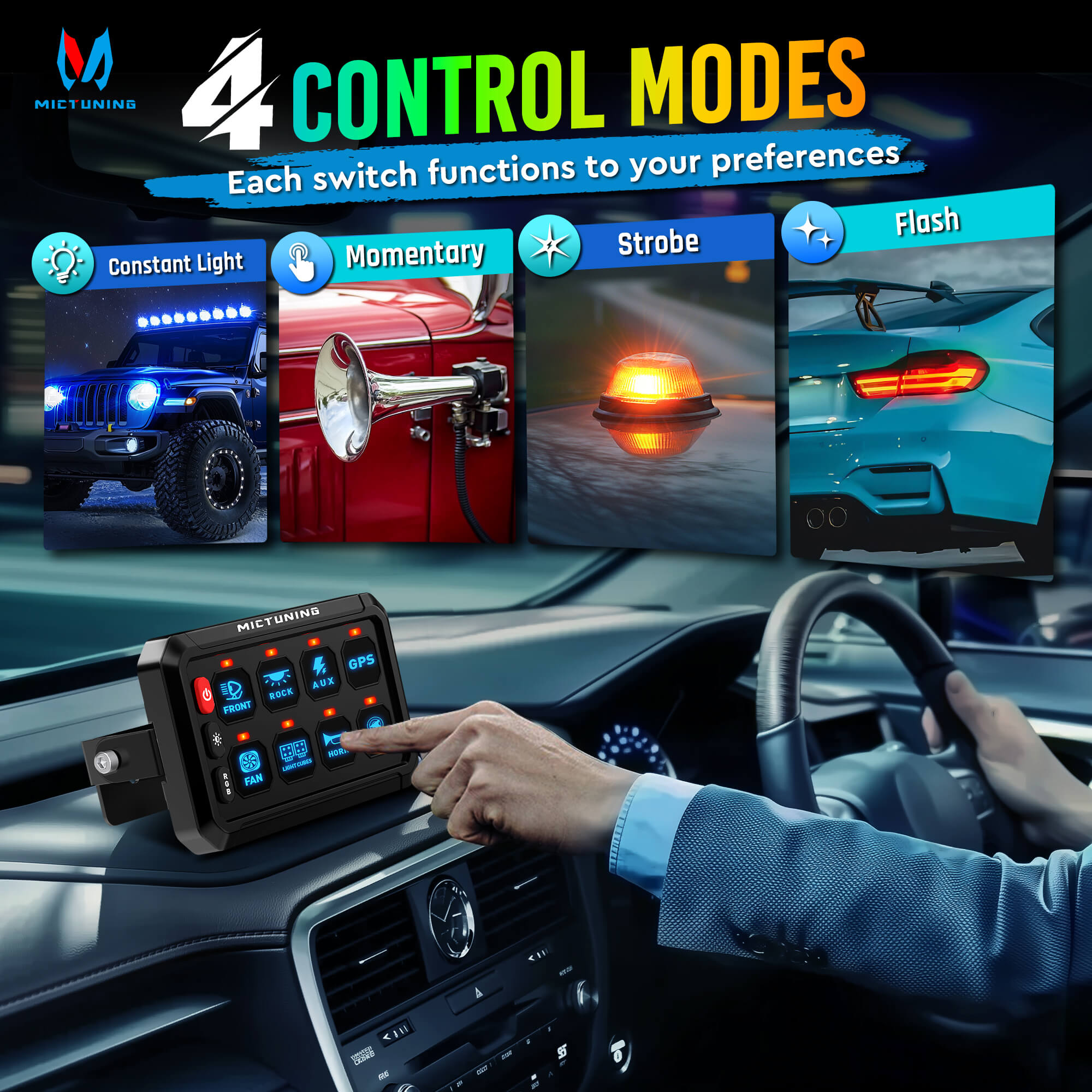 P1s-R 6 Gang/8 Gang Switch Panel, RGB Colors Adjustable Brightness, On-Off Toggle Switch Momentary Circuit Control Relay System Box