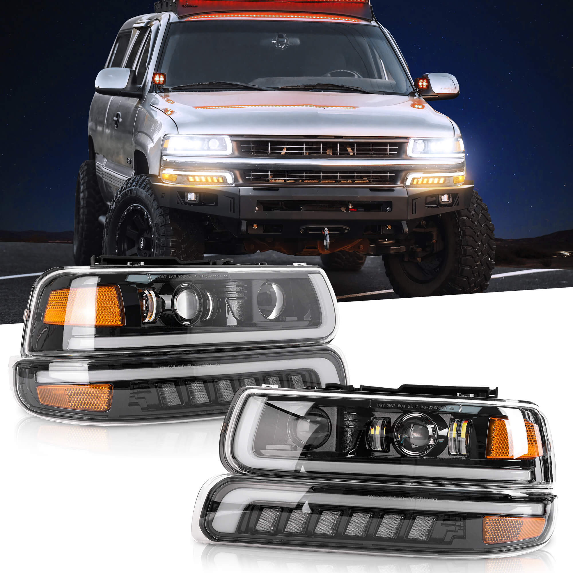 2pc Chrome Headlights Assembly Turn Signal Lamps for Chevy Chevrolet Silverado 1500/2500 (99-02 ) 1500HD/2500 HD/3500 (01-02), Suburban 1500/2500/Tahoe (00-06)