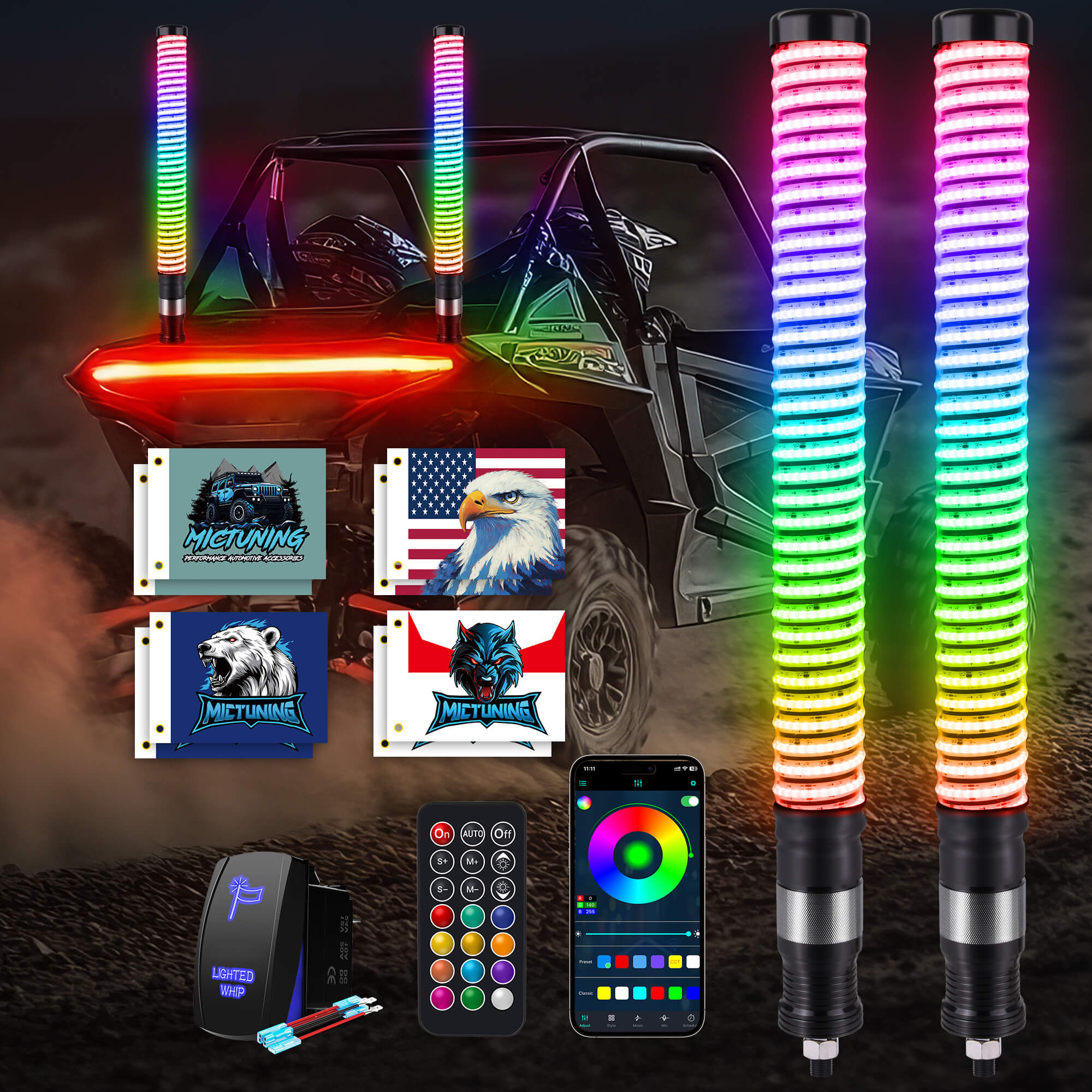 1FT/2FT Fat Whip Light COB LED RGB+IC Chasing Colors, App & Remote Control, 2pcs