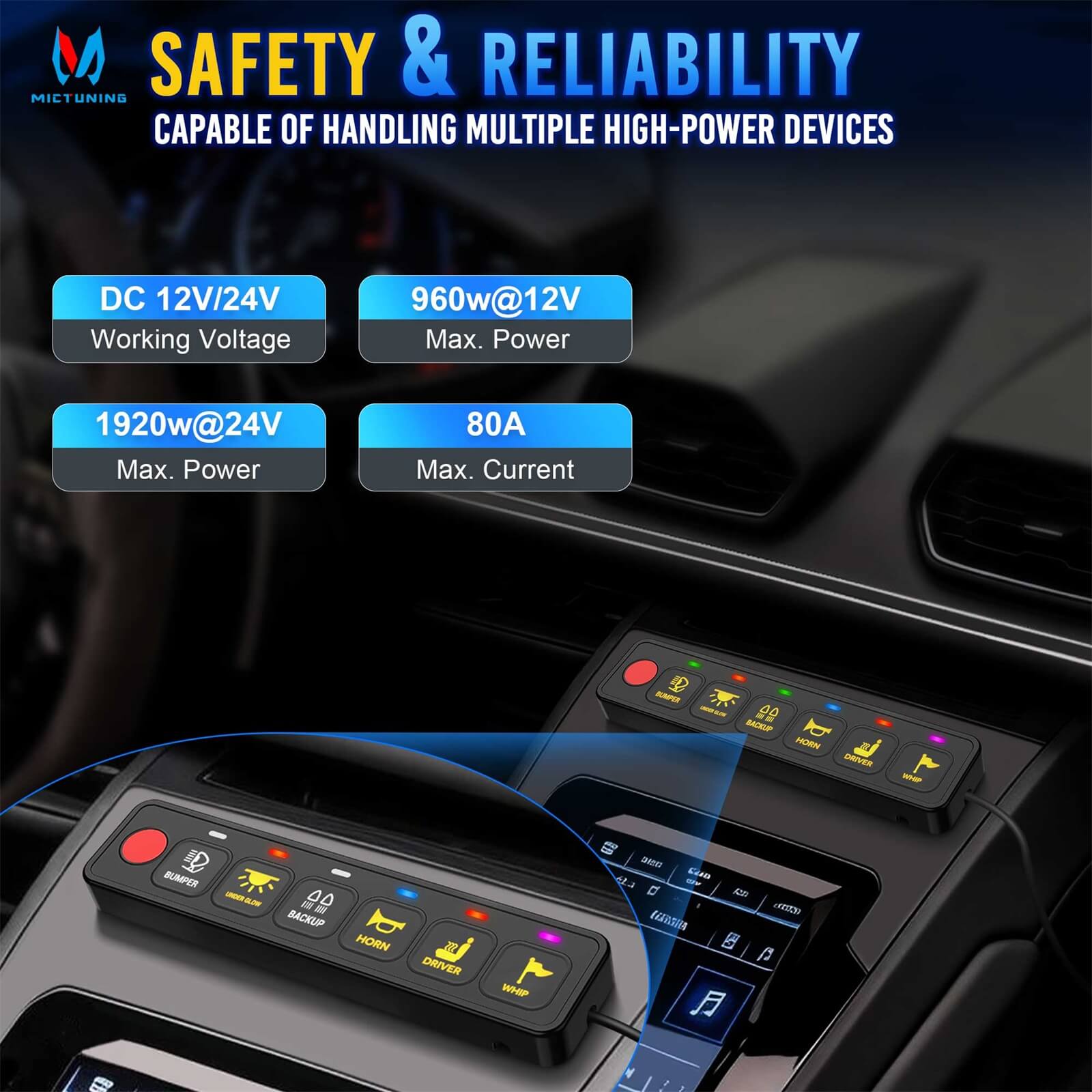 AS-40/AS-60 4 Gang/6 Gang Switch Panel, High Power Multifunction Toggle Momentary Strobe Circuit Control Relay System Box with Strong Adhesive