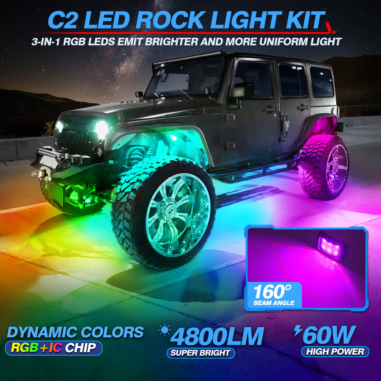 C2 RGB+IC LED Rock Lights Kit Bundle with 15.5″/17″ V1 RGB+IC Wheel Ring Lights Kit