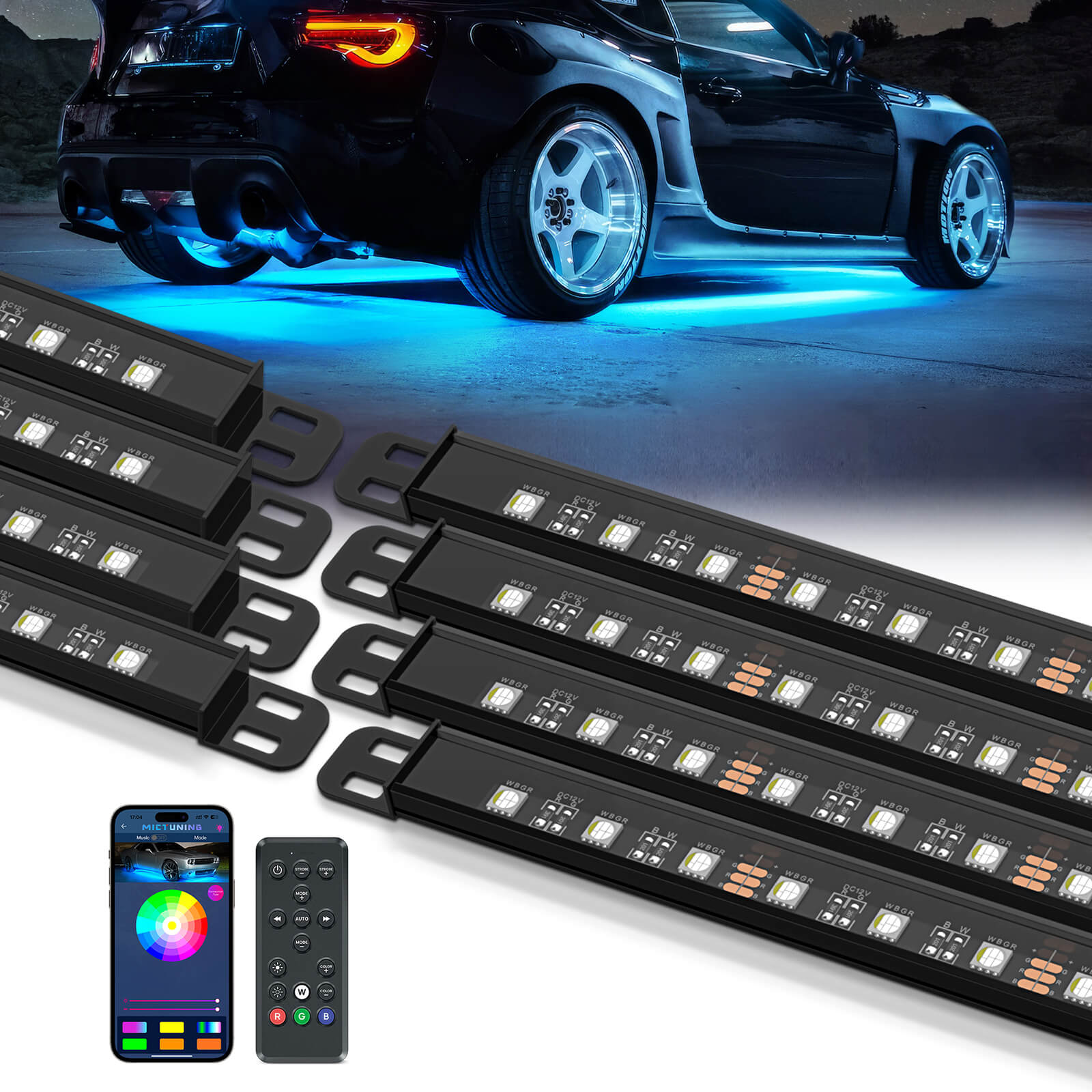 N8 Aluminum LED Car Underglow Light Kit, Exterior Underbody Multicolor Light Strip 8PCS - App+Remote Control(RGBW/RGB+IC)