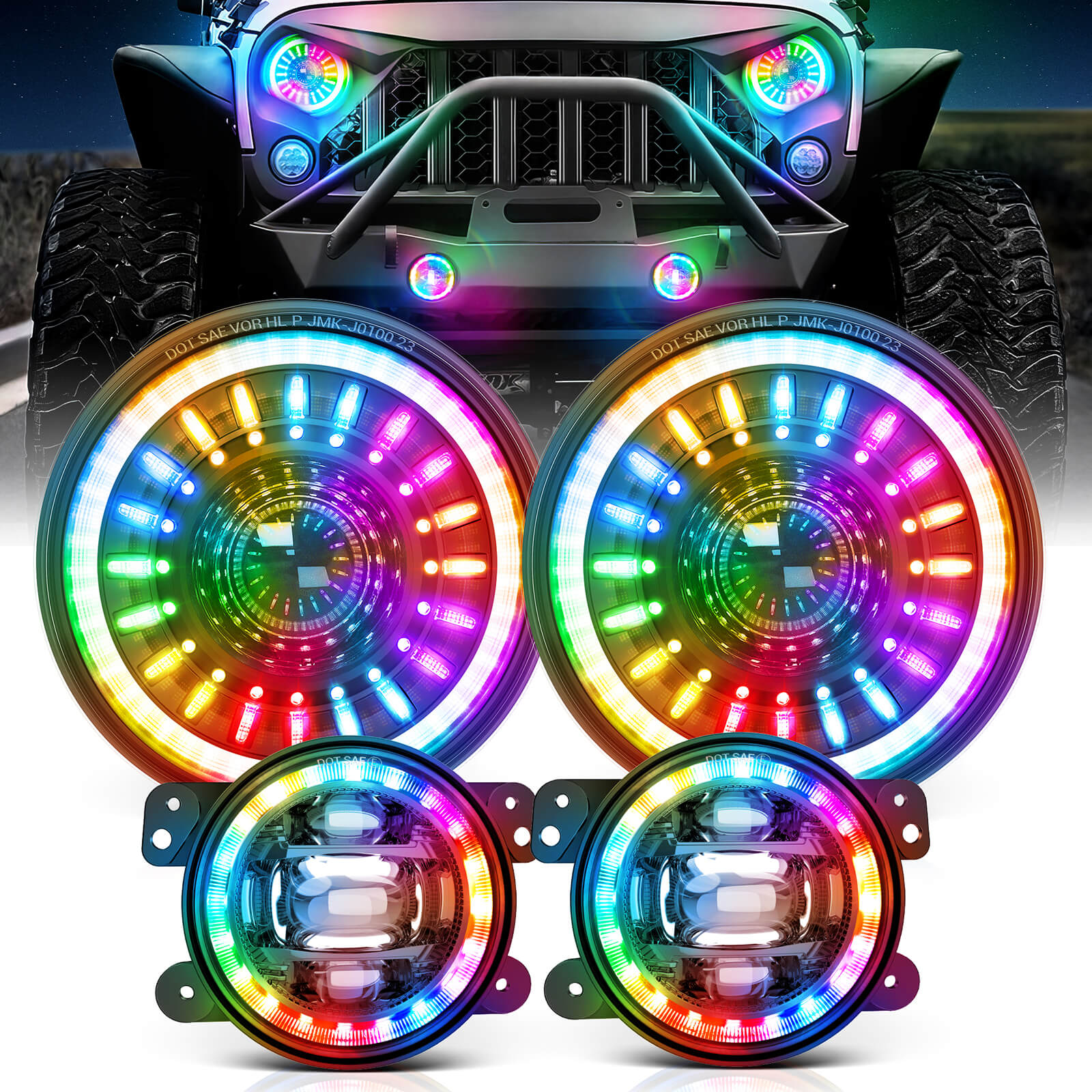 J1 RGB+IC 7″ LED Headlights with Fog Lights Assembly, Multi-color Chasing, DOT Approved For 1997-2018 Jeep Wrangler TJ JK Chevy Ford GMC