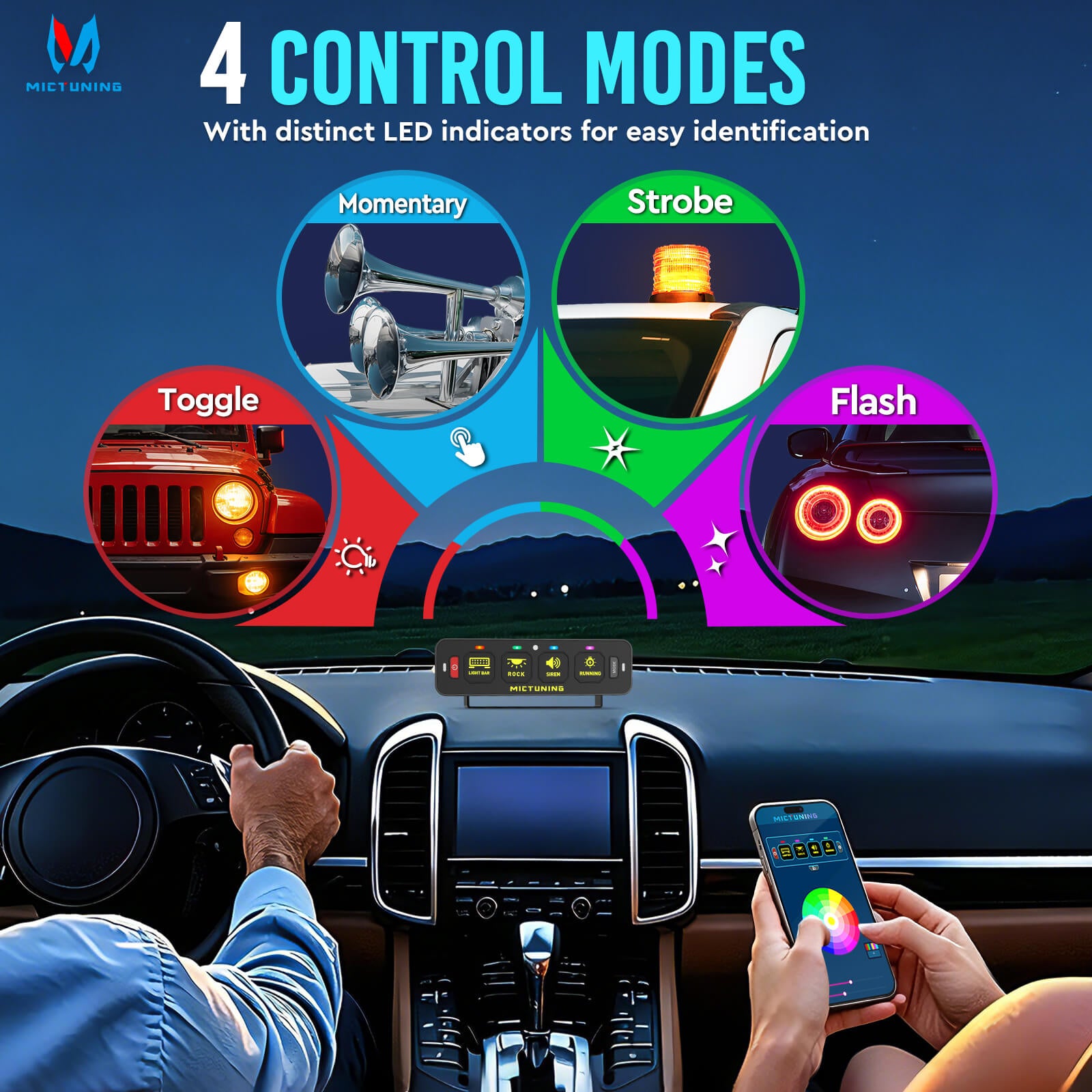 MS-A Slim App Control Switch Panel 4 Gang/6 Gang, RGB Auto-dimming Backlit, Multifunction Toggle Momentary Flash Strobe Circuit Control Relay System Box