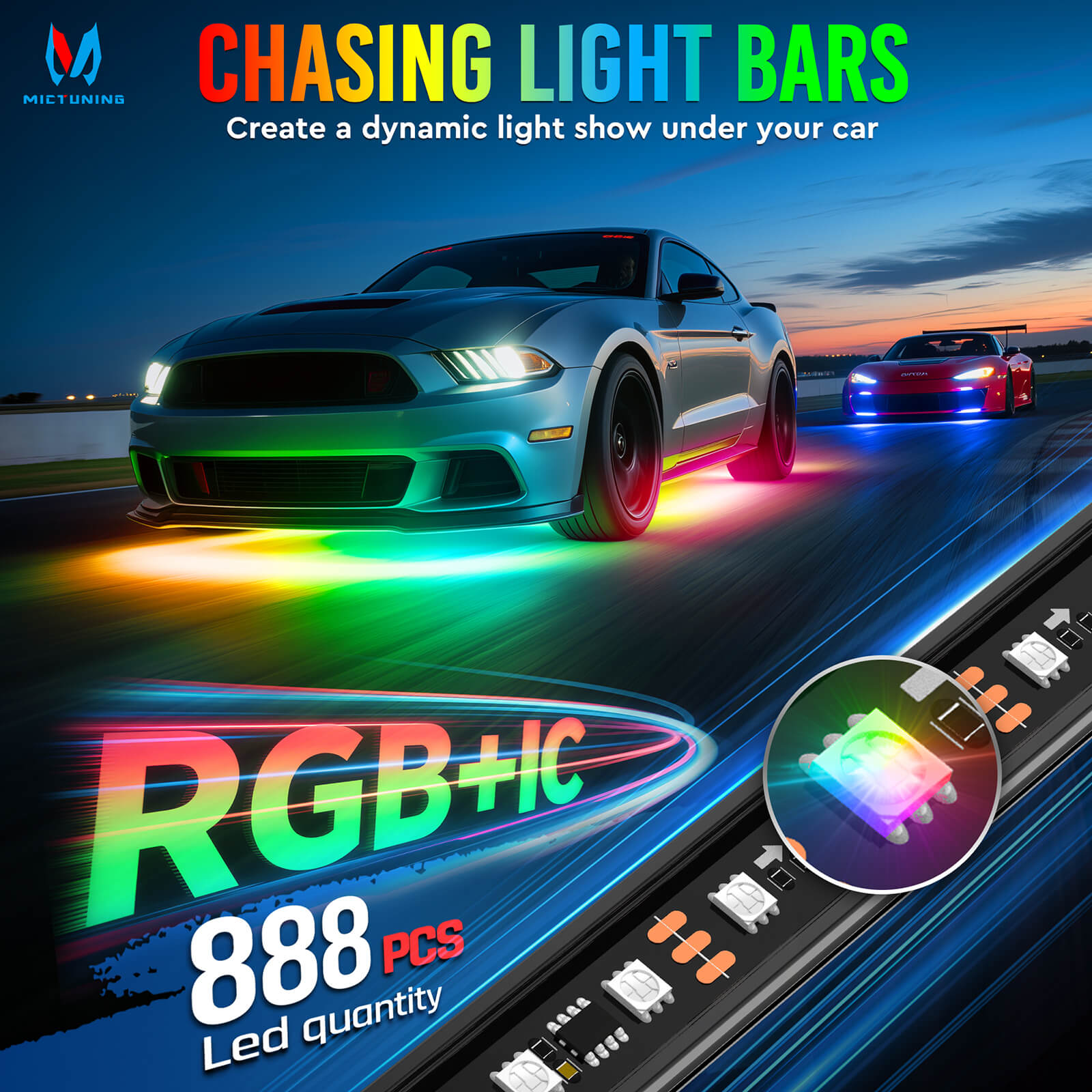 U8 RGB+IC/RGBW/RGB Underglow LED Light Bar, Dual Remote Control, Chasing Color Underbody Light Strip with Aluminum Housing, IP68 Waterproof, 8pcs