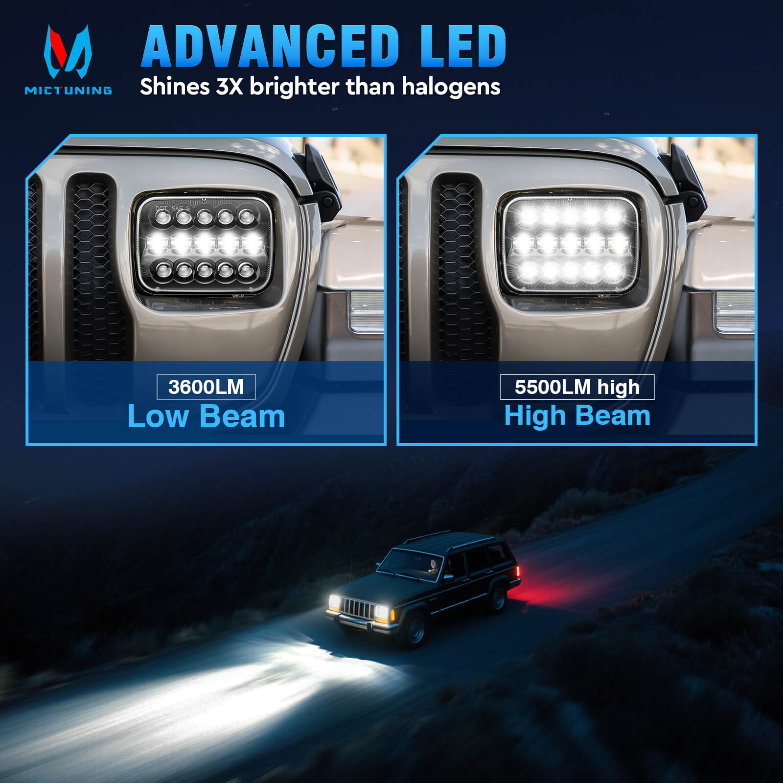 5x7 LED Headlights 7x6 Rectangle Headlamps H6054 110W Hi/Low Sealed Beam For Wrangler YJ Cherokee XJ Comanche MJ Chevy S10 T300 FL50 FL60 FL70 Peterbilt, Black