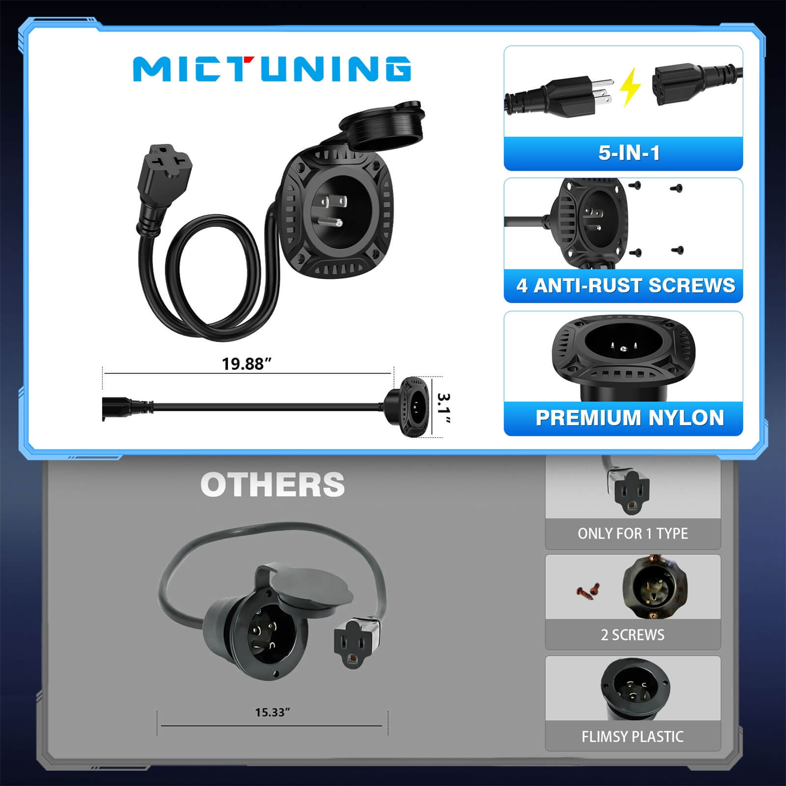 5-in-1 AC Port Plug 20A 125V, RV Shore Power Inlet Plug with T-Blade Adapter, w/ Hole Saw
