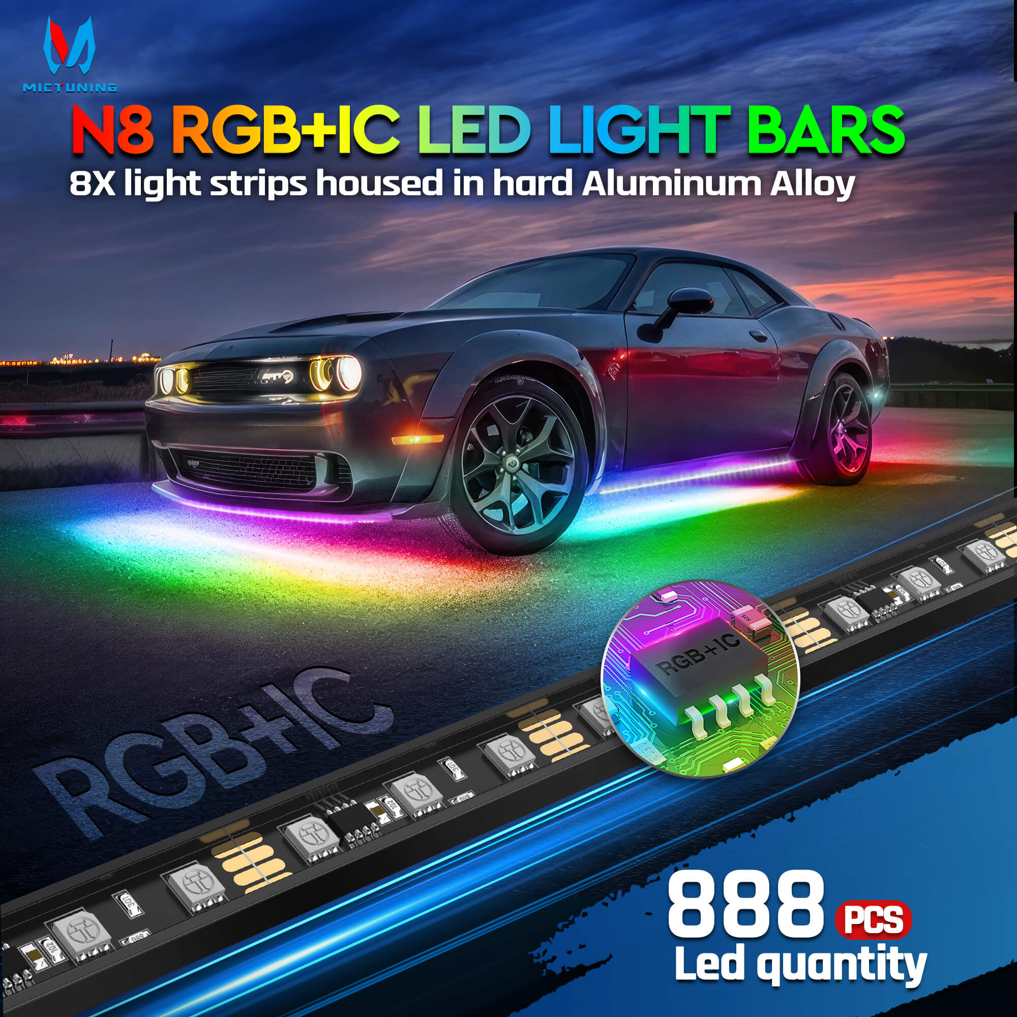 N8 Aluminum LED Car Underglow Light Kit, Exterior Underbody Light Strip 8PCS - Remote & Key Fob Dual Control(RGBW/RGB+IC)