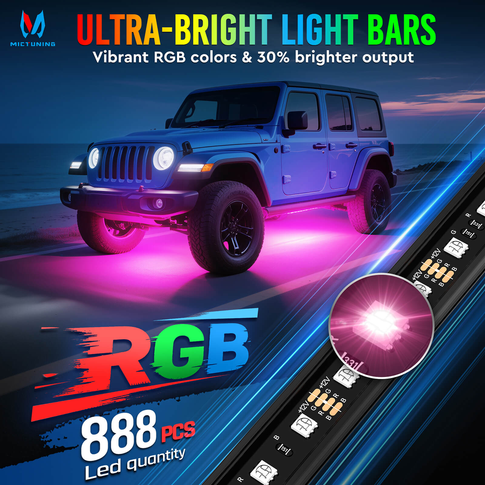 U8 RGB+IC/RGBW/RGB Underglow LED Light Bar, Dual Remote Control, Chasing Color Underbody Light Strip with Aluminum Housing, IP68 Waterproof, 8pcs