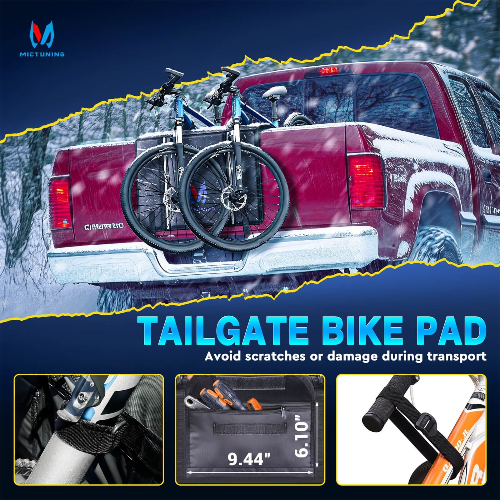 Upgraded Tailgate Bike Pad for Mountain Bike, Secure 2 Bicycles/5 Bicycles, Weatherproof, Reflective Strips, Tool Pocket, for Truck Outdoor Transportation