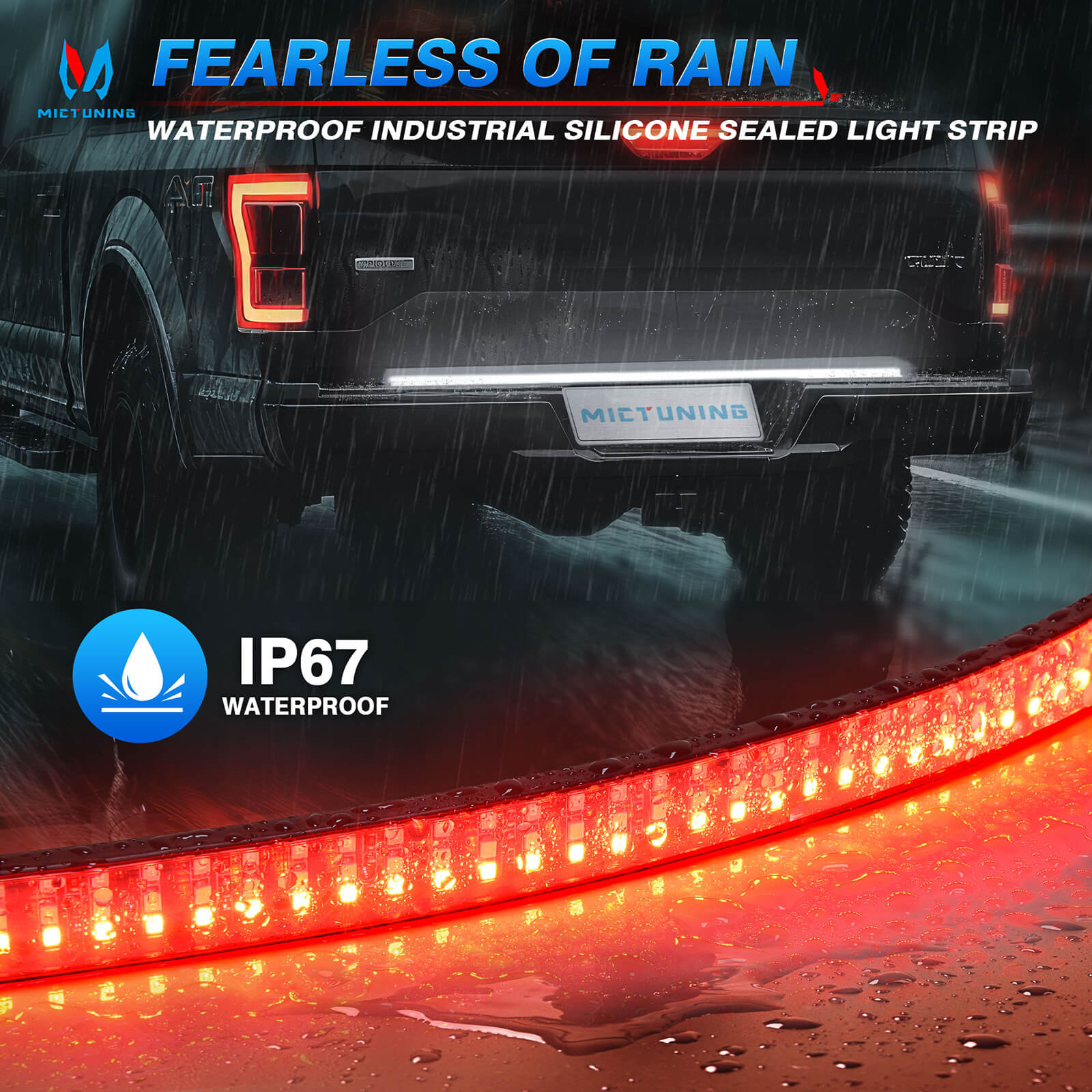 48" Truck Tailgate Light Strip Triple Row 360 LED with Red Running Brake Sequential Turn Signal, Strobe & White Reverse Lighting