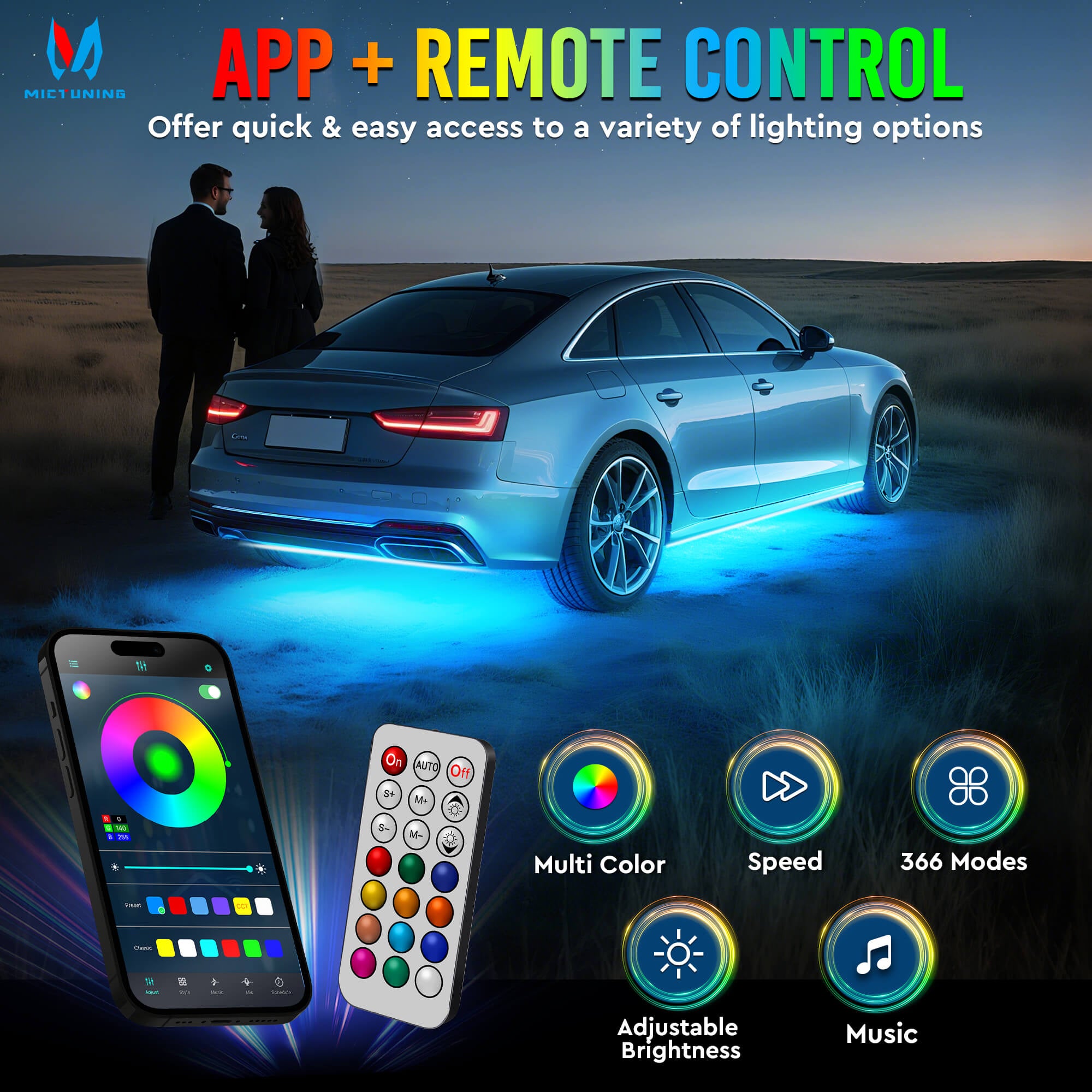 RGB Car Underglow Neon Accent Strip Lights, APP & Remote Control, Sound Active Function, Music Mode(2x35″+2x47″/4x35″+2x47″ )
