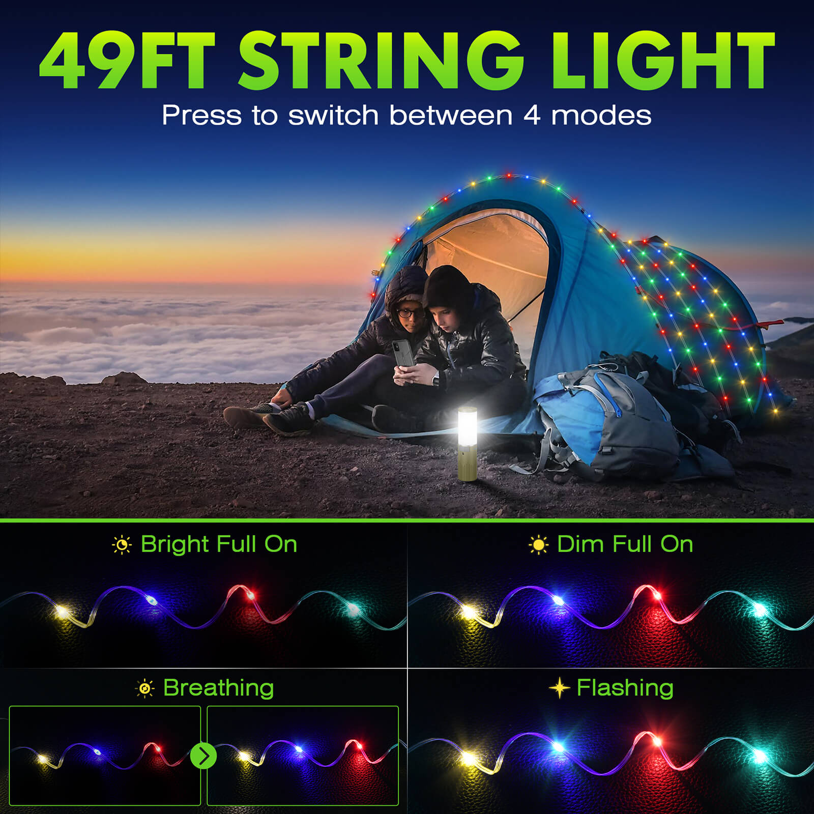 Camping String Light 49ft / Lantern / Flashlight / Portable Nightstand Lamp, Multifunctional Ambience Outdoor Lighting,  Multicolors String/Yellow String