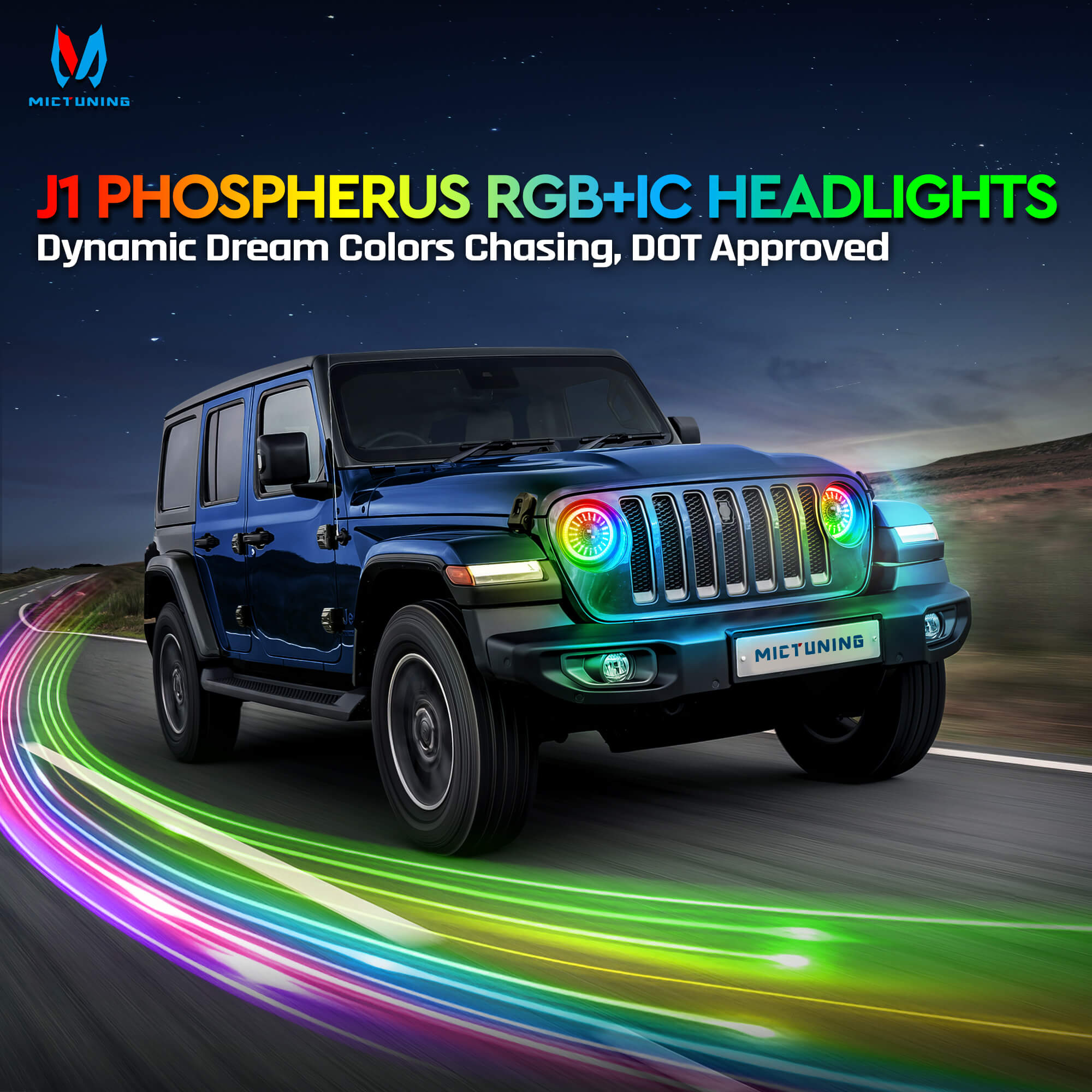 J1 RGB+IC 7″ Anti-glare LED Headlights, Multi-color Chasing, DOT Approved, For 1997-2018 Jeep Wrangler TJ JK Chevy Ford GMC