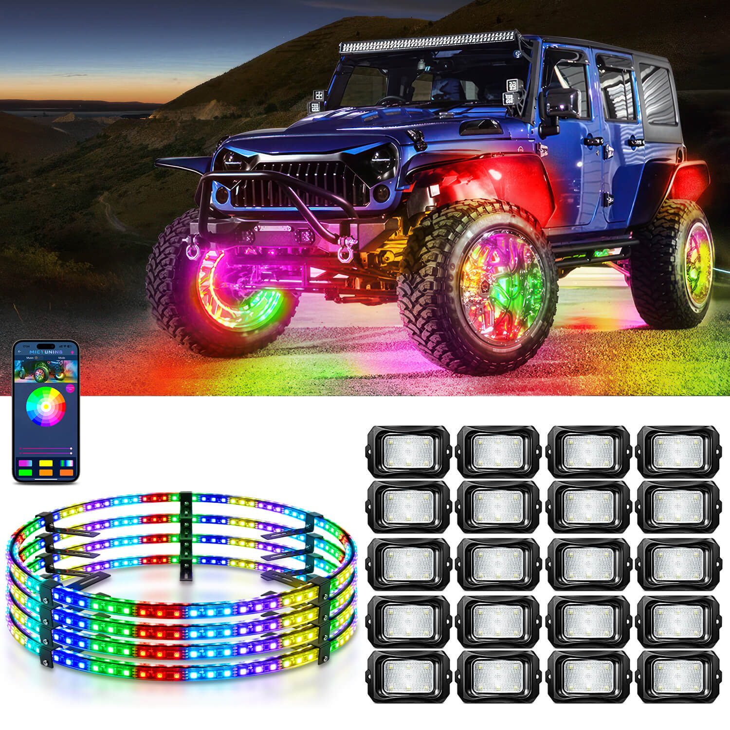 C2 RGB+IC LED Rock Lights Kit Bundle with 15.5″/17″ V1 RGB+IC Wheel Ring Lights Kit