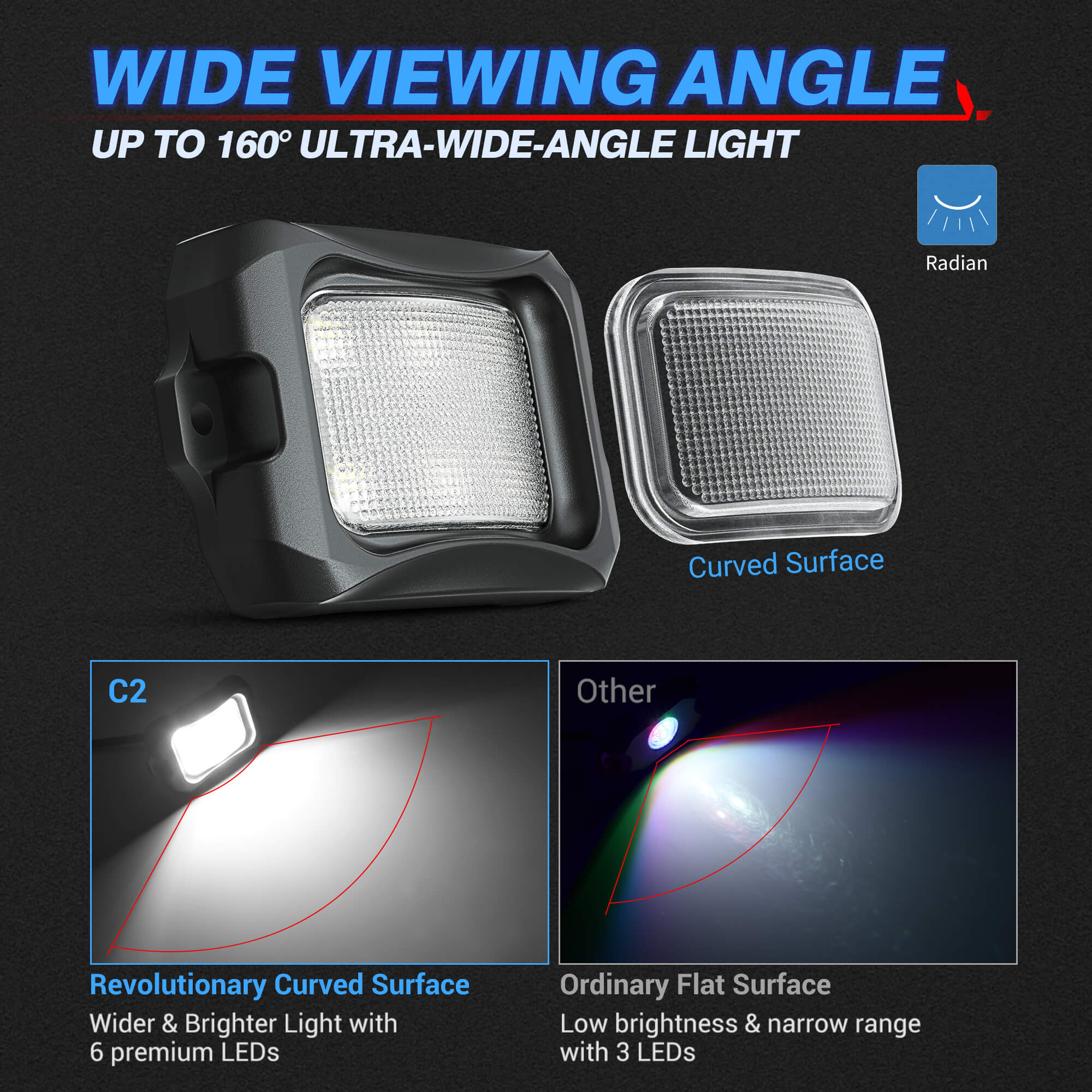 C2 Curved LED Rock Light Pure Sigle Color 4-16 Pods, White/Blue/Green