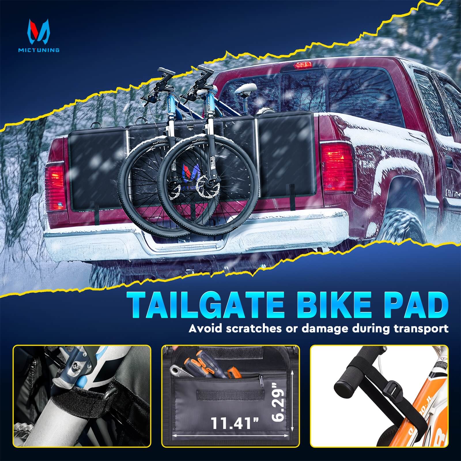 Upgraded Tailgate Bike Pad for Mountain Bike, Secure 2 Bicycles/5 Bicycles, Weatherproof, Reflective Strips, Tool Pocket, for Truck Outdoor Transportation