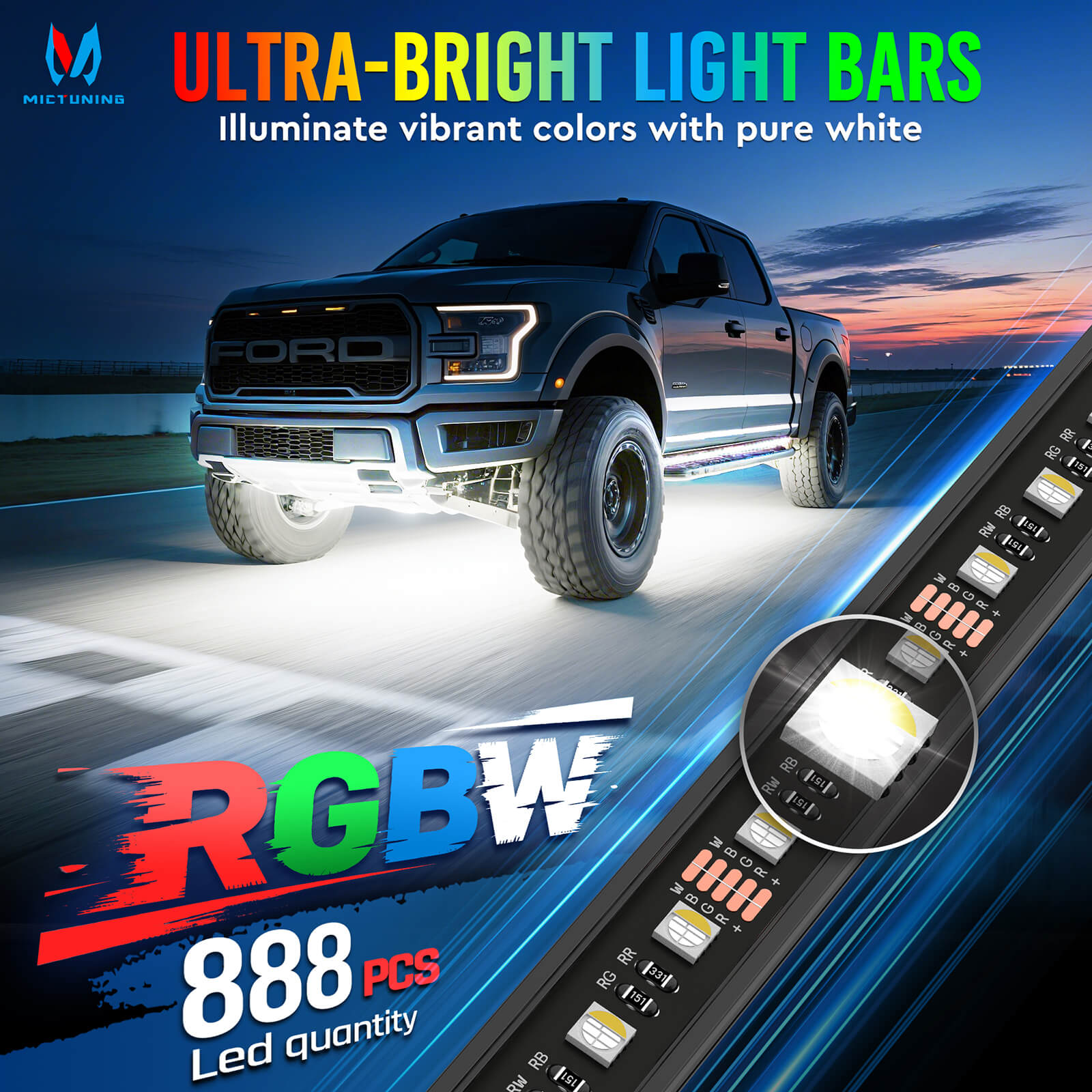 U8 RGB+IC/RGBW/RGB Underglow LED Light Bar, Dual Remote Control, Chasing Color Underbody Light Strip with Aluminum Housing, IP68 Waterproof, 8pcs